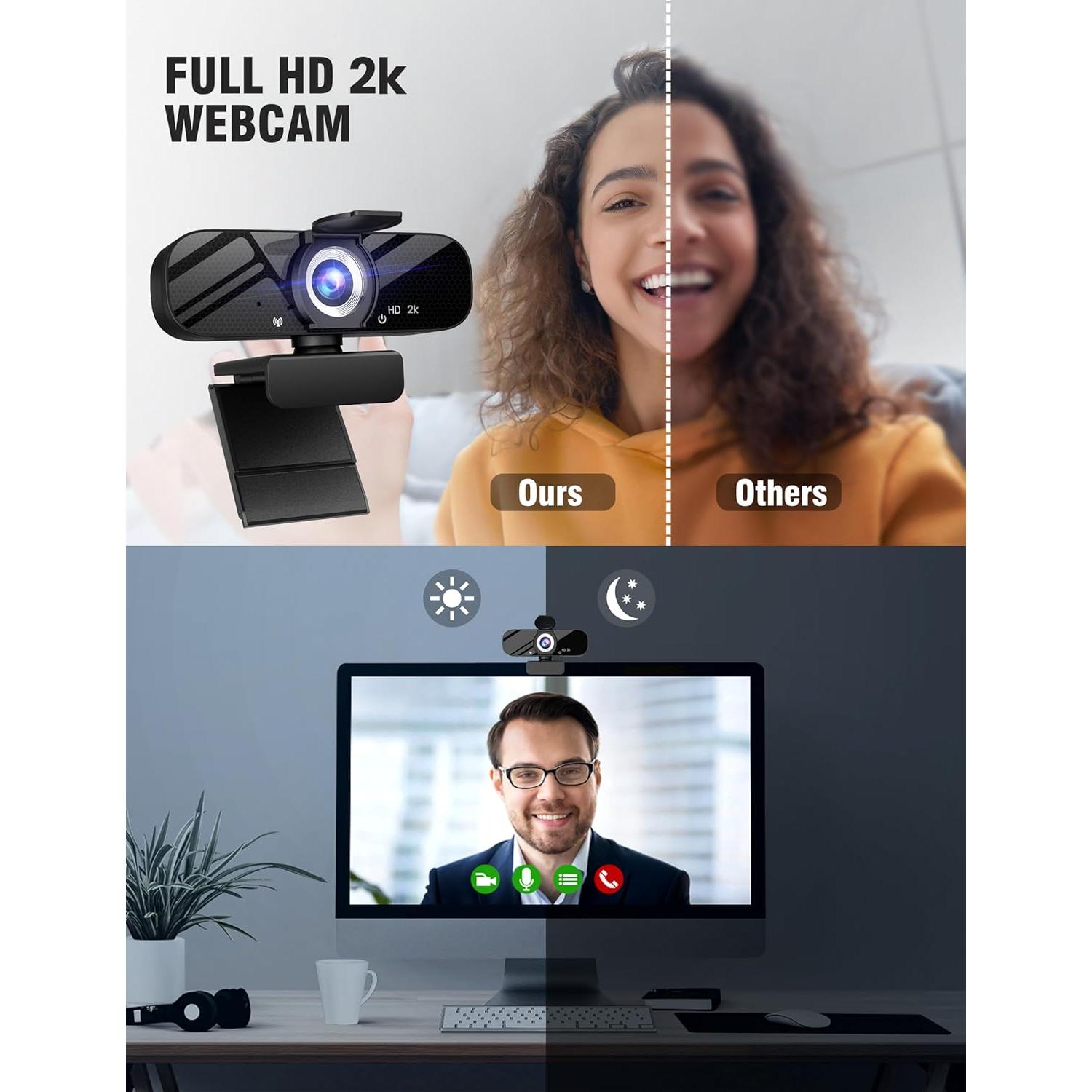 Full HD Webcam with Built-in Microphone and Rotatable Tripod, 2K Video and Wide Angle Camera, Privacy Cover, for Desktop PC or Laptop Computer