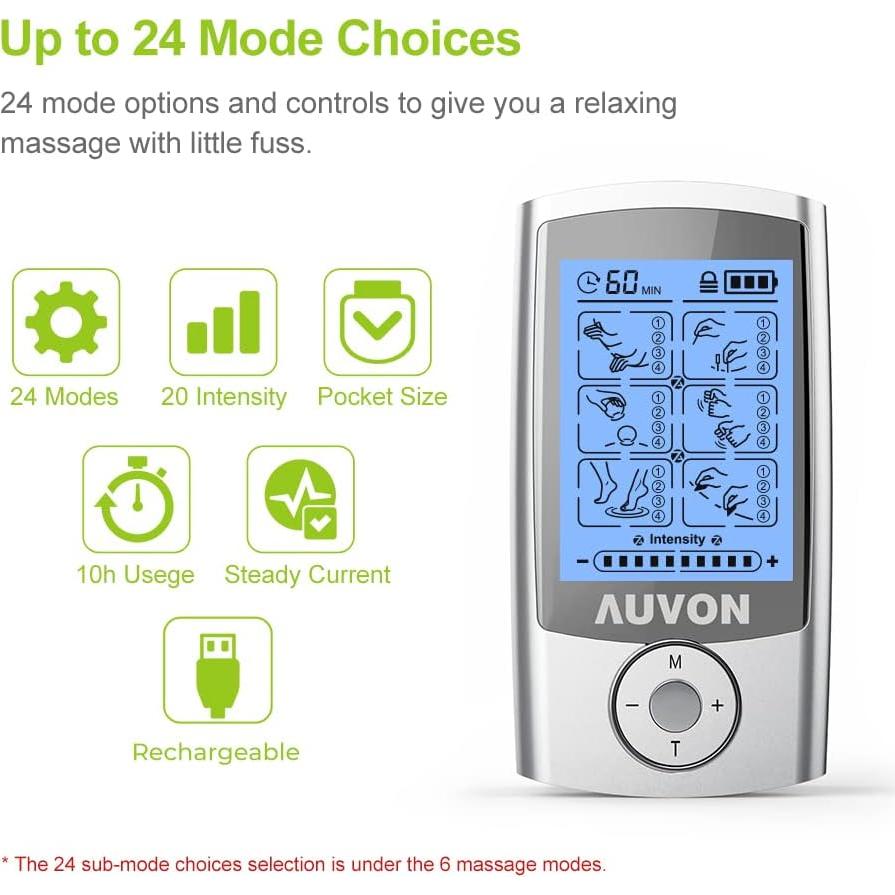 AUVON Estimulador Muscular TENS 24 Modos 8 Almohadillas