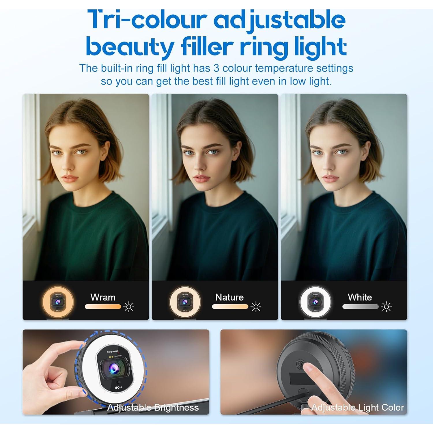 Cámara Web 4K Galyimage con Luz Anular y Micrófono Integrado