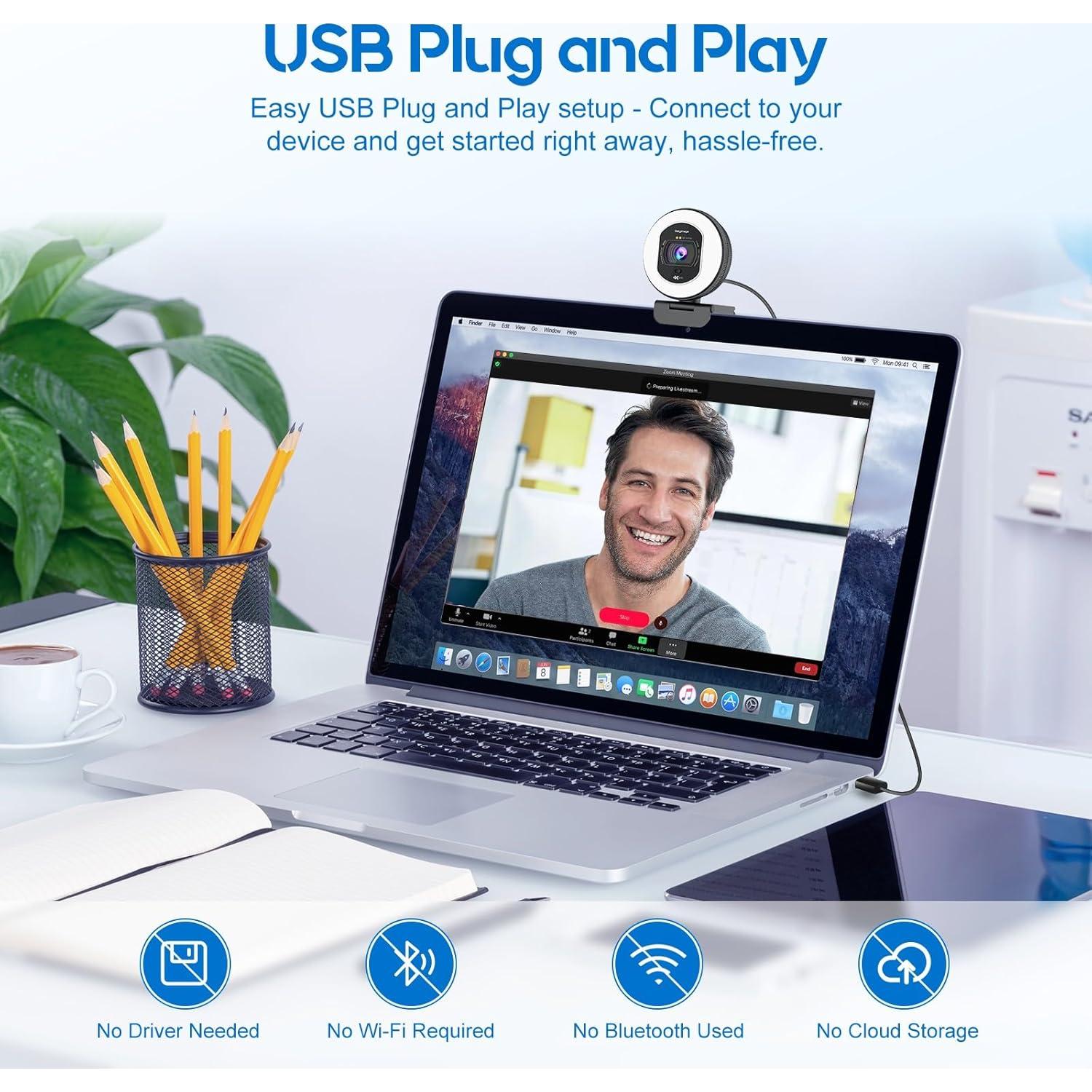 Cámara Web 4K Galyimage con Luz Anular y Micrófono Integrado