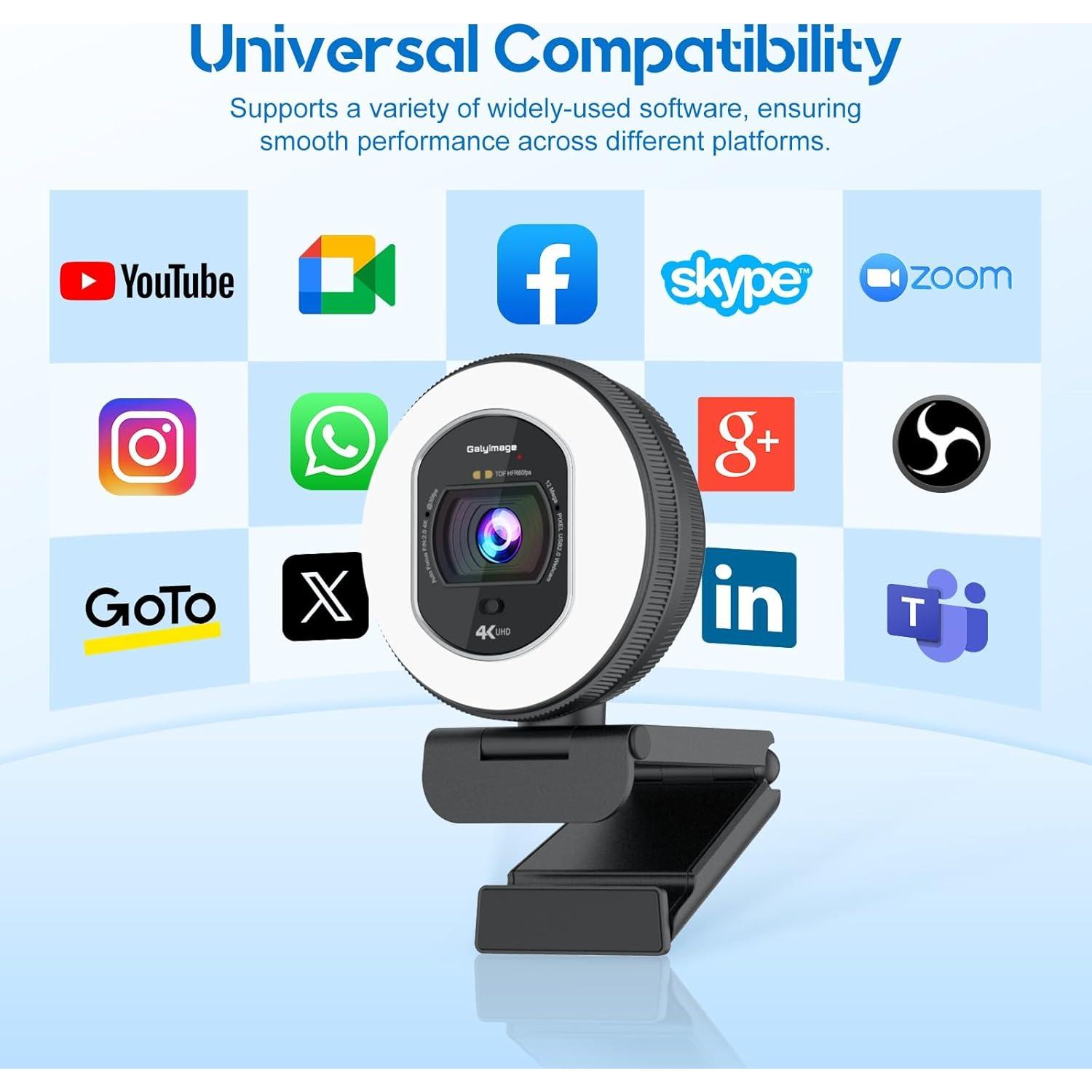Cámara Web 4K Galyimage con Luz Anular y Micrófono Integrado