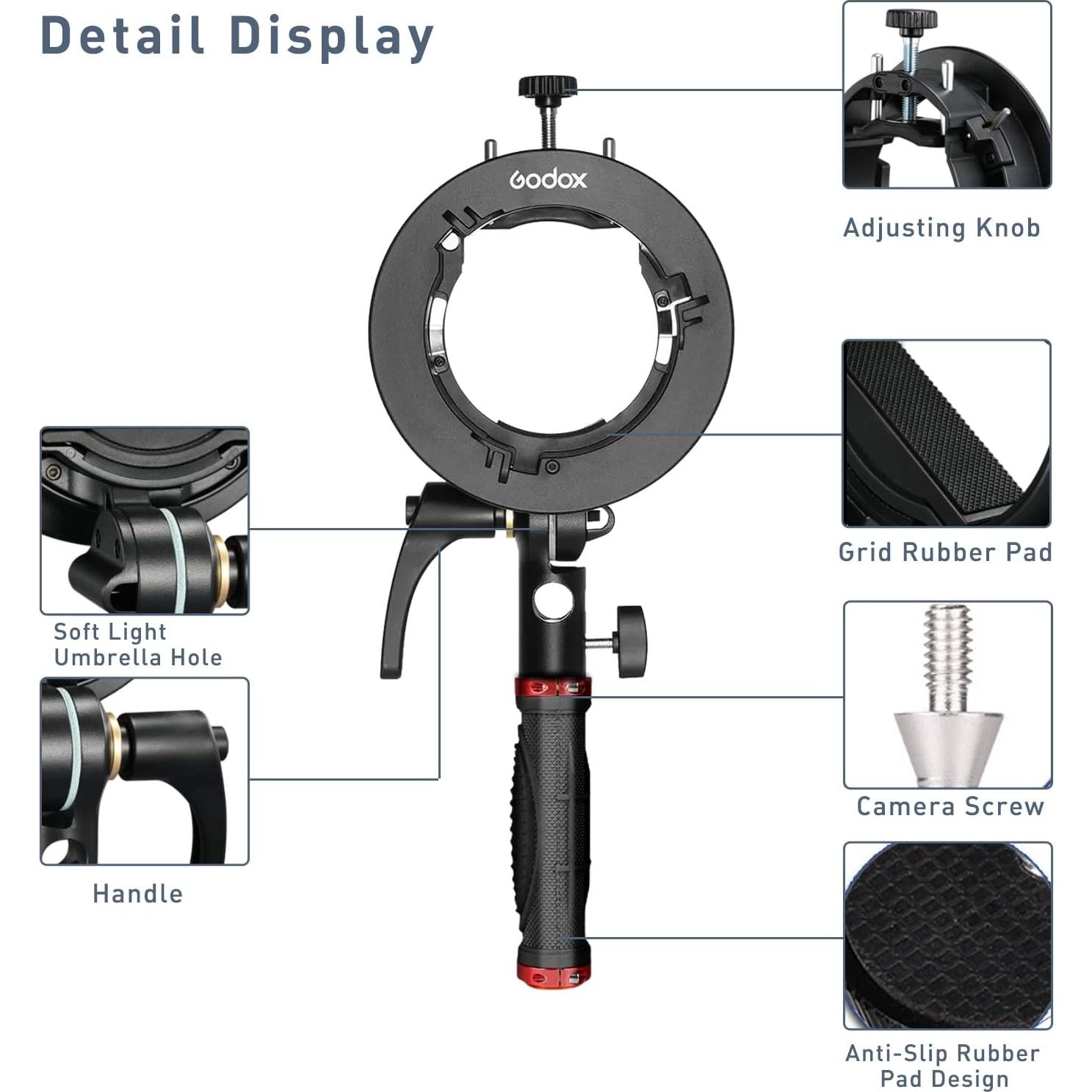 Godox S2-S Speedlite Bracket with Handle for Godox AD200Pro, AD200, AD400Pro, for V1 VPro V100 Round Head Speedlite, V860II / TT685 / TT350 Series, Updated Version Bowens Mount Holder
