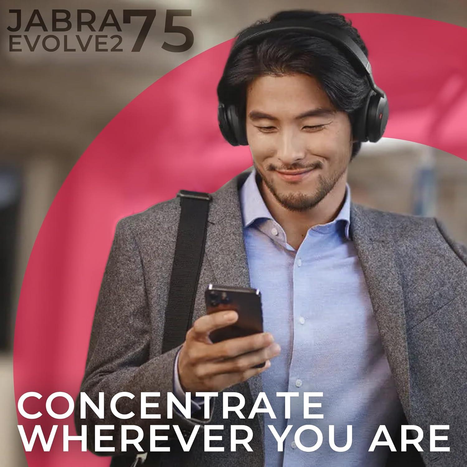 Jabra Evolve2 75 Wireless Bluetooth Headphones - Charging Headset Stand, USB-A Dongle, Compatible with Zoom, Webex, Teams, Phone Calls, PC, MAC, Mobile, Global Teck Gold Support Plan, Cellphone Wallet