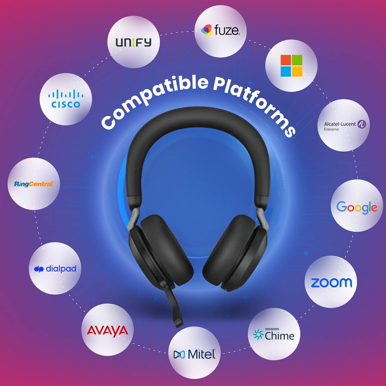 Jabra Evolve2 75 Wireless Bluetooth Headphones - Charging Headset Stand, USB-A Dongle, Compatible with Zoom, Webex, Teams, Phone Calls, PC, MAC, Mobile, Global Teck Gold Support Plan, Cellphone Wallet