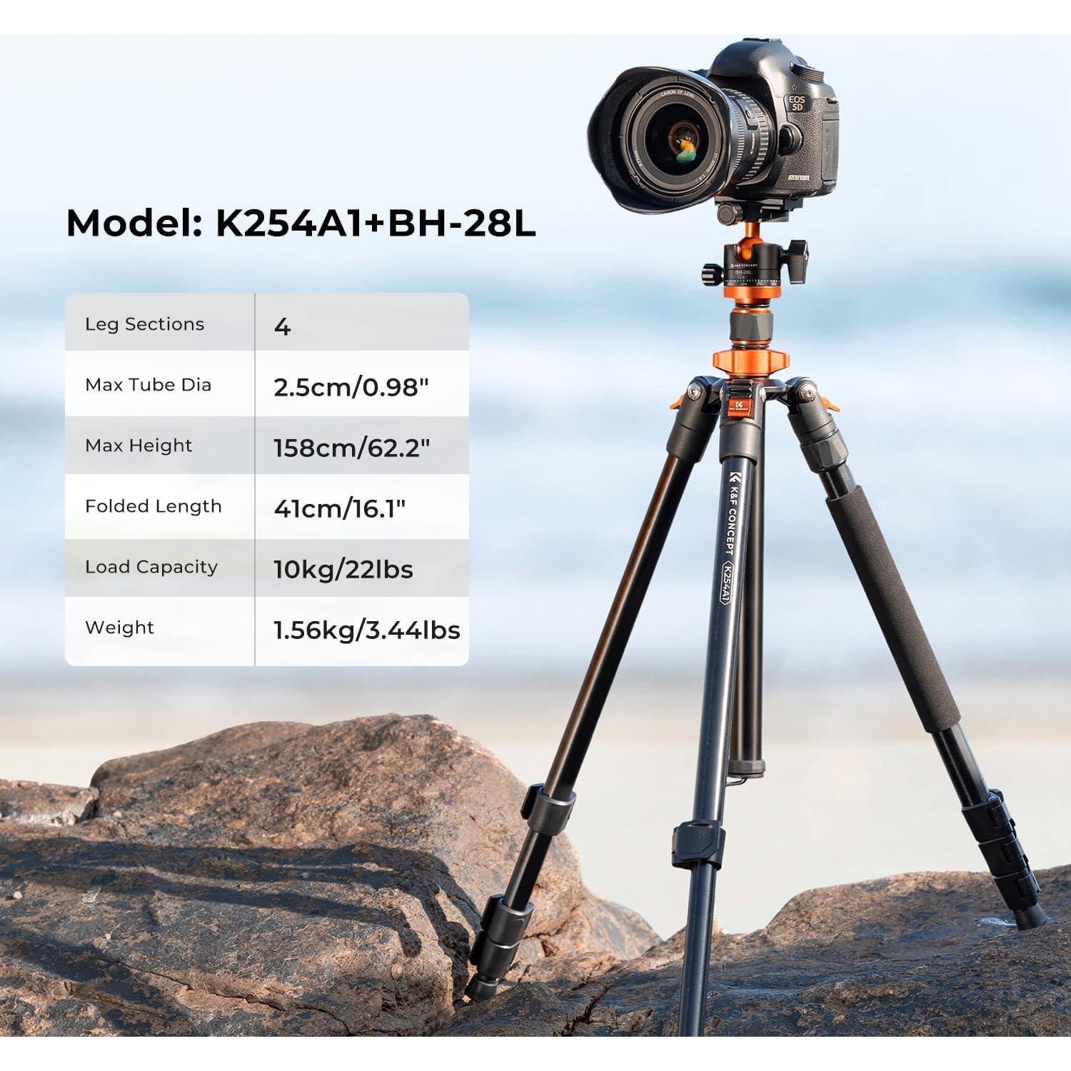 K&F Concept 62 inch DSLR Camera Tripod,Lightweight and Compact Aluminum Detachable Monopod Tripod with 360 Panorama Ball Head Quick Release Plate for Travel and Work K254A1+BH-28L (SA254M1)