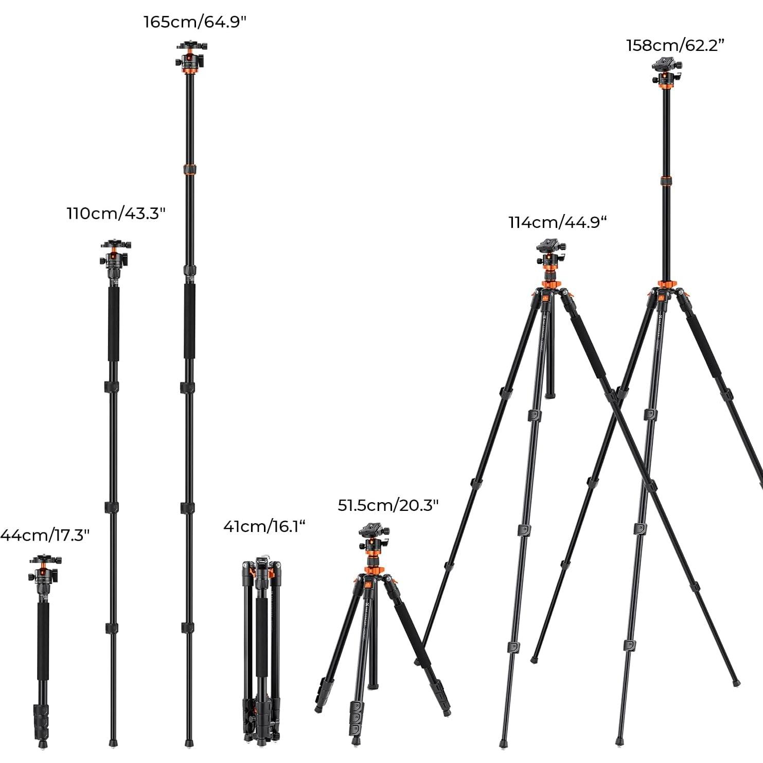 K&F Concept 62 inch DSLR Camera Tripod,Lightweight and Compact Aluminum Detachable Monopod Tripod with 360 Panorama Ball Head Quick Release Plate for Travel and Work K254A1+BH-28L (SA254M1)