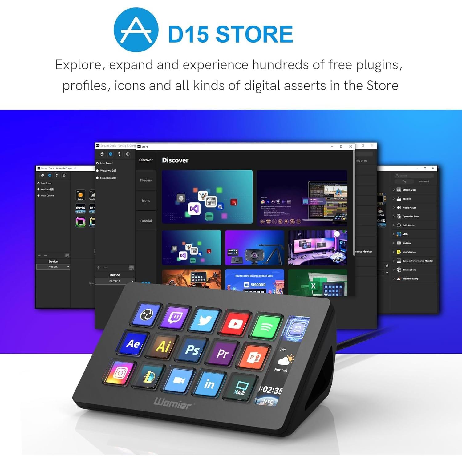 D15 Stream Controller, Production Console for Livestream Audio Video Design, 15 Custom Macro LCD Keys, 1 Side Info Screen Display, Trigger Actions in OBS Studio Streamlabs Twitch YouTube, Black