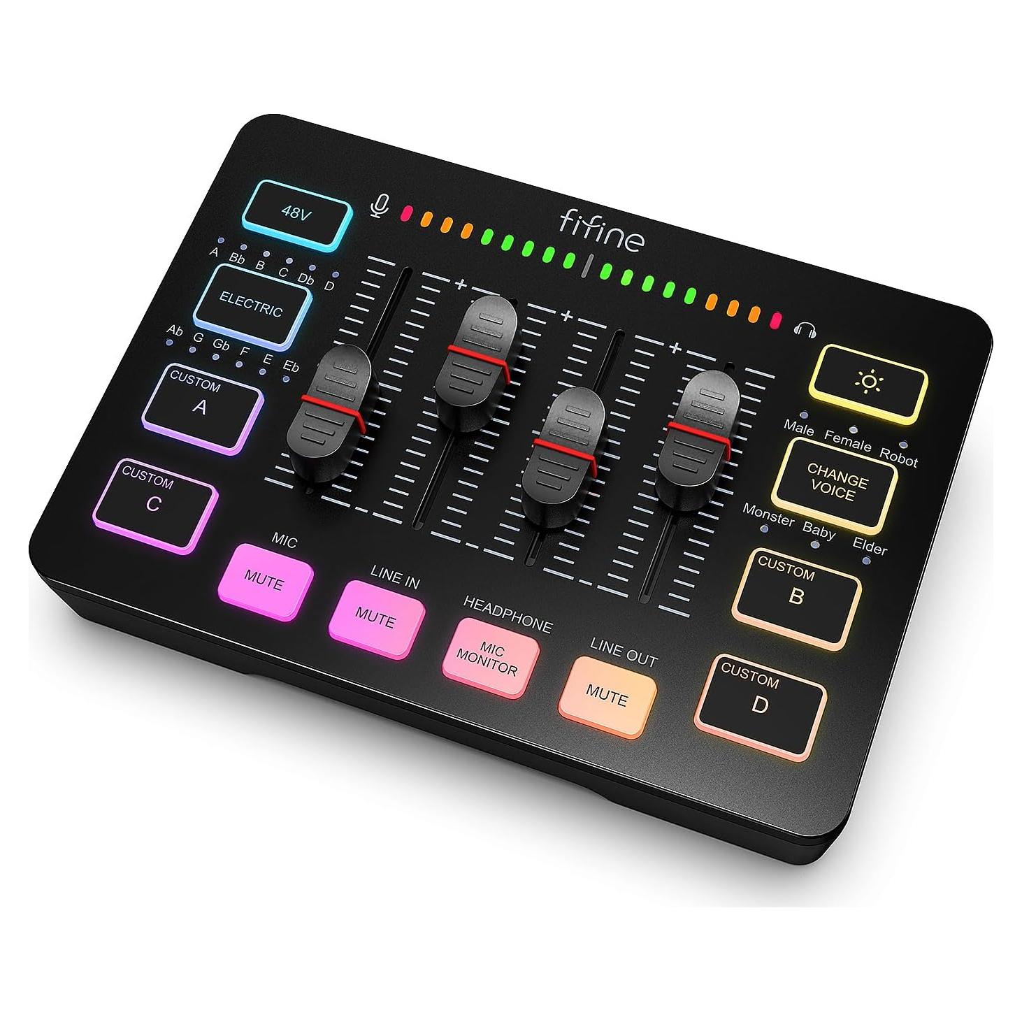 Mezclador de Audio Gaming FIFINE SC3, XLR, RGB, 48V Phantom