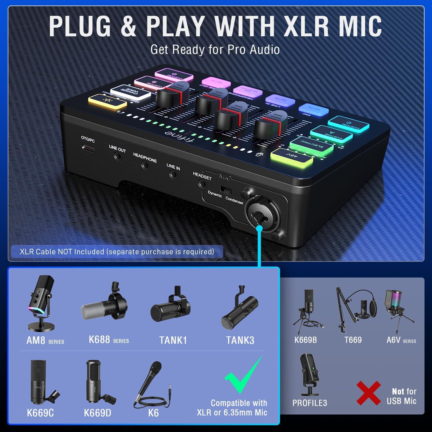 Mezclador de Audio Gaming FIFINE SC3, XLR, RGB, 48V Phantom