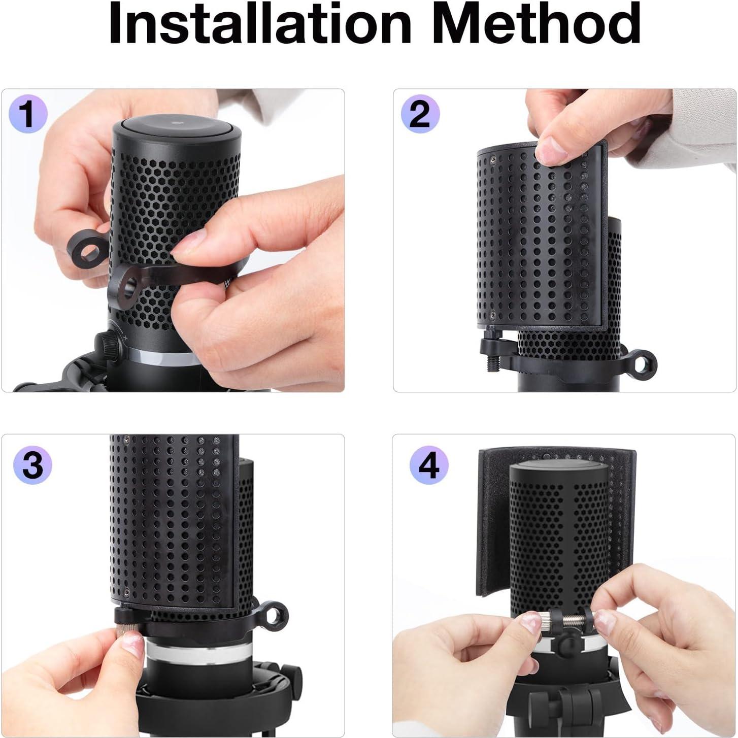 SUNMON Mic Pop Filter Windsrceen,Compatible with HyperX QuadCast2, Double Layered Wind Pop Screen with Flexible 360° Gooseneck Clip Stabilizing Arm