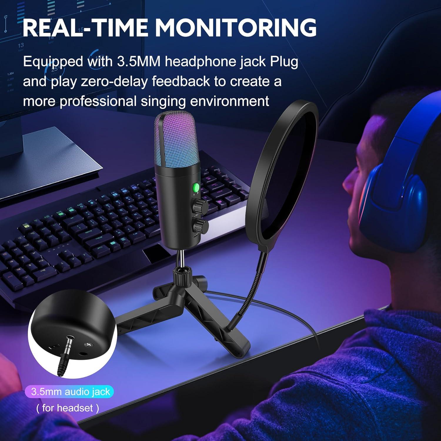 Micrófono USB Condensador Cardioide con Soporte y Filtro Antipop