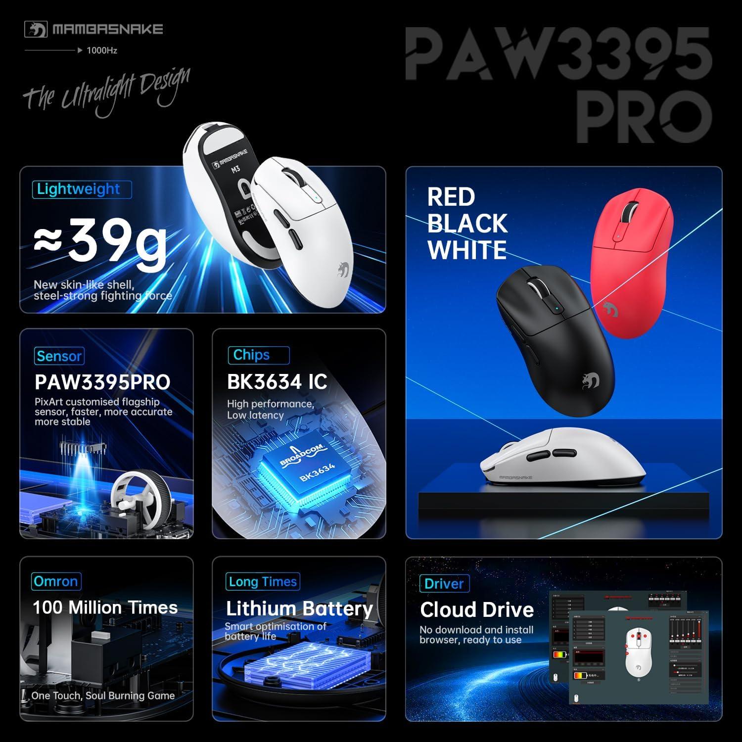 Ratón Inalámbrico MAMBASNAKE M3 para Juegos 39g 40K DPI