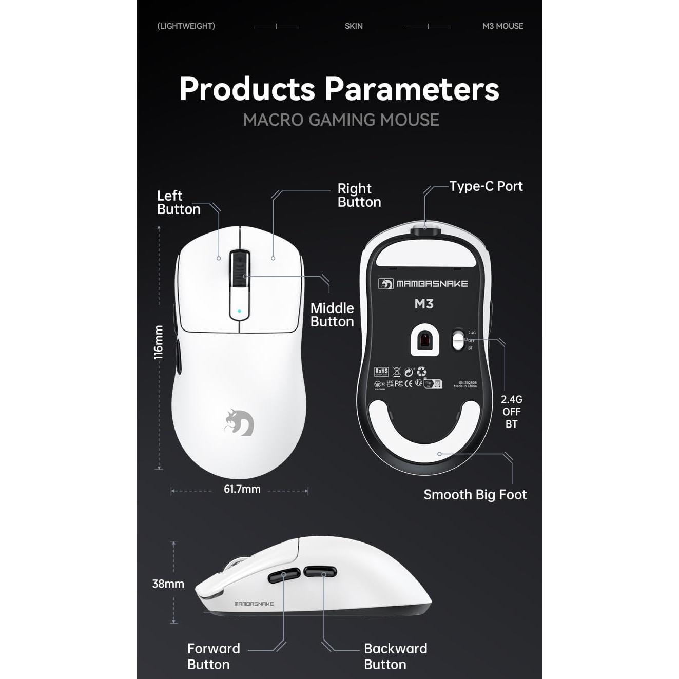 Ratón Inalámbrico MAMBASNAKE M3 para Juegos 39g 40K DPI