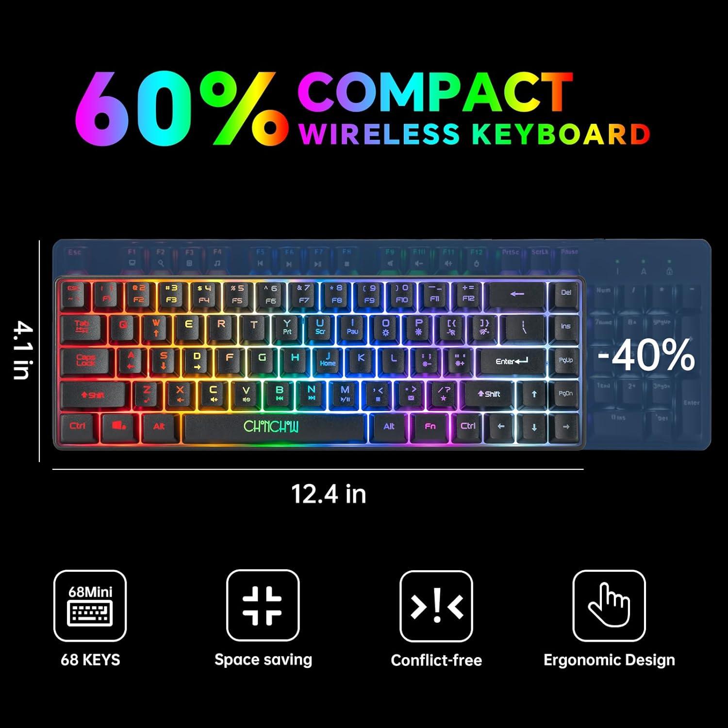 CHONCHOW 60% Wireless Gaming Keyboard and Mouse Combo,LED Backlit Rechargeable 2000mAh Battery, Portable 68 Keys Waterproof Small Compact Keyboard Mice for PC/Mac Gamer,Business Office