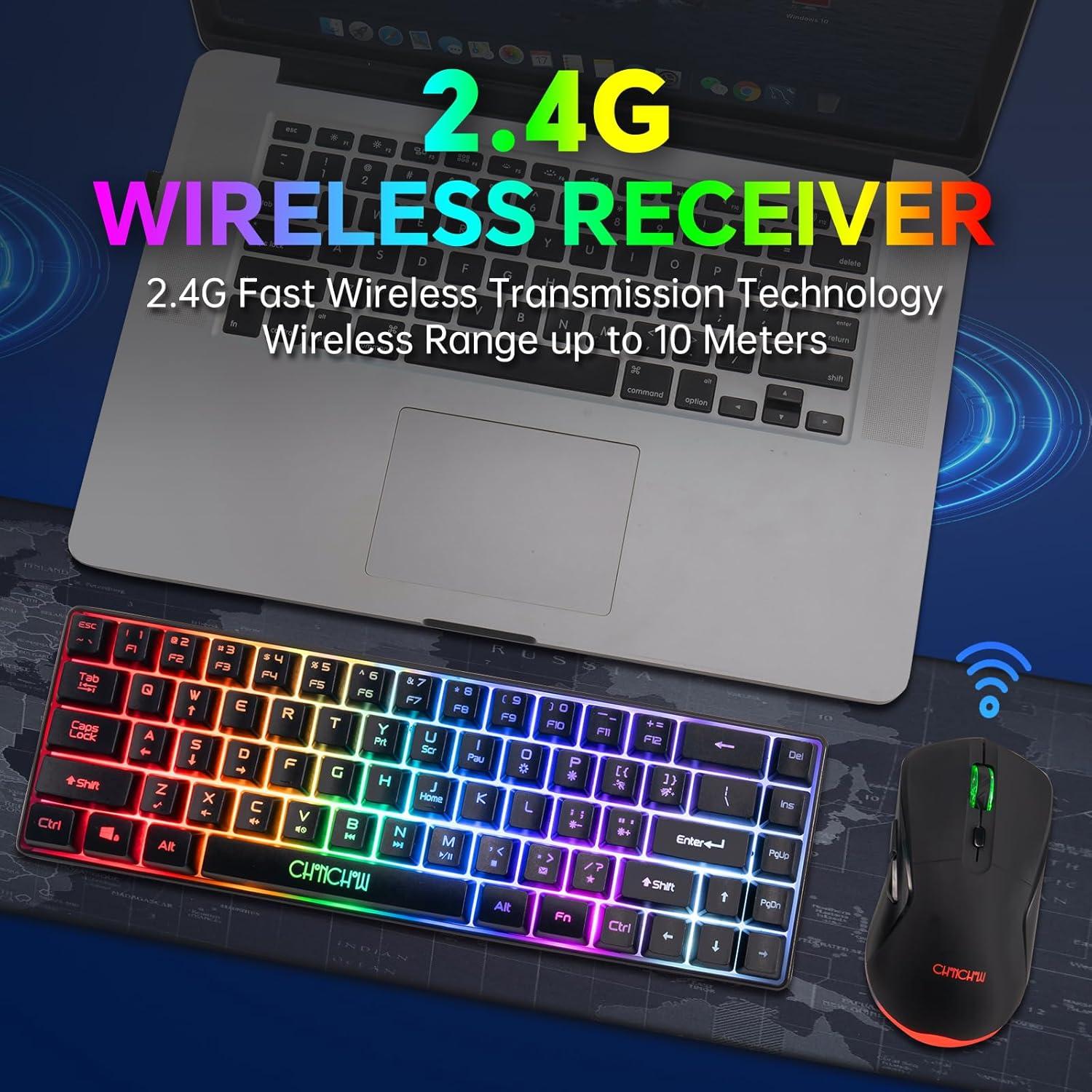 CHONCHOW 60% Wireless Gaming Keyboard and Mouse Combo,LED Backlit Rechargeable 2000mAh Battery, Portable 68 Keys Waterproof Small Compact Keyboard Mice for PC/Mac Gamer,Business Office