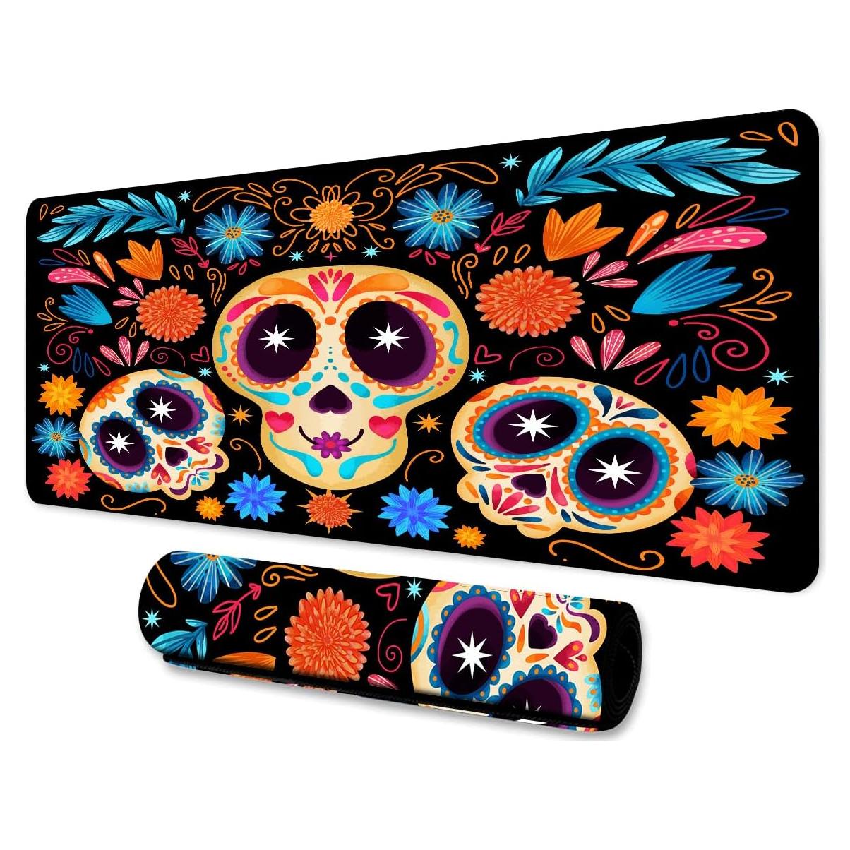 Skull Mousepad 31.5x11.8 Inches Gothic Candy Skull Plant Flower Leaves Graphic Printed Game Mousepad for Office Computer Desk Decoration BDXPMN215