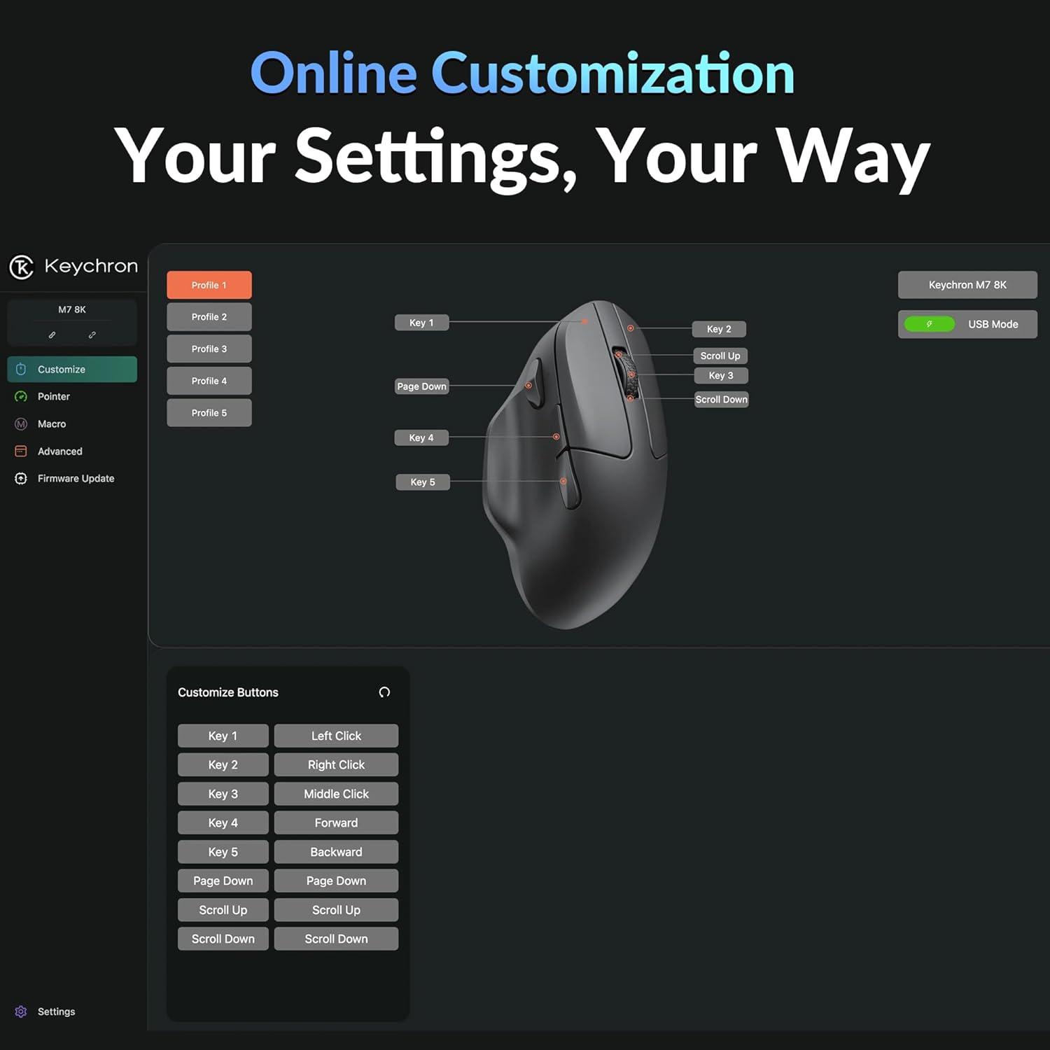 Ratón Inalámbrico Keychron M7 8K, 30K DPI, Ergonómico, Negro
