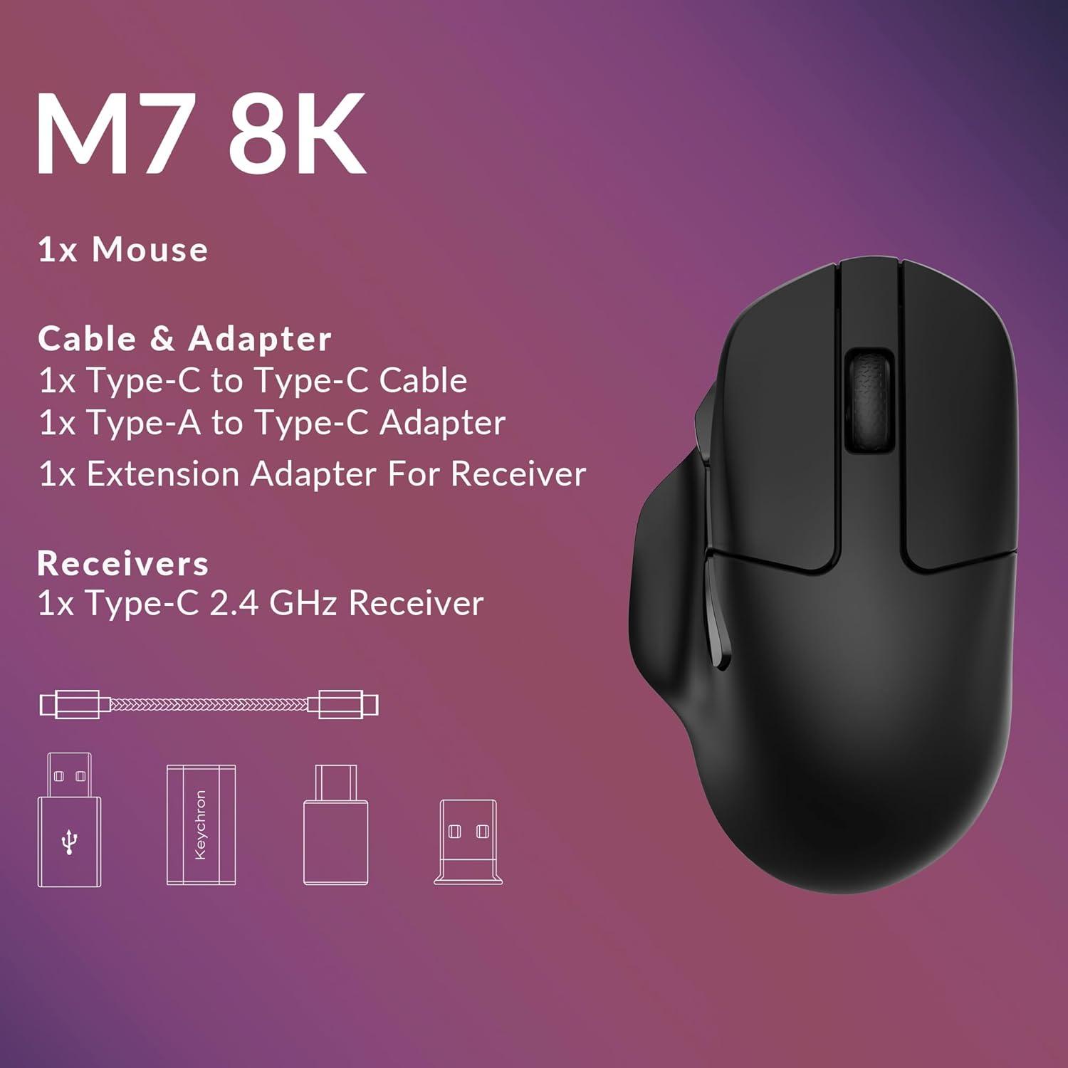 Ratón Inalámbrico Keychron M7 8K, 30K DPI, Ergonómico, Negro