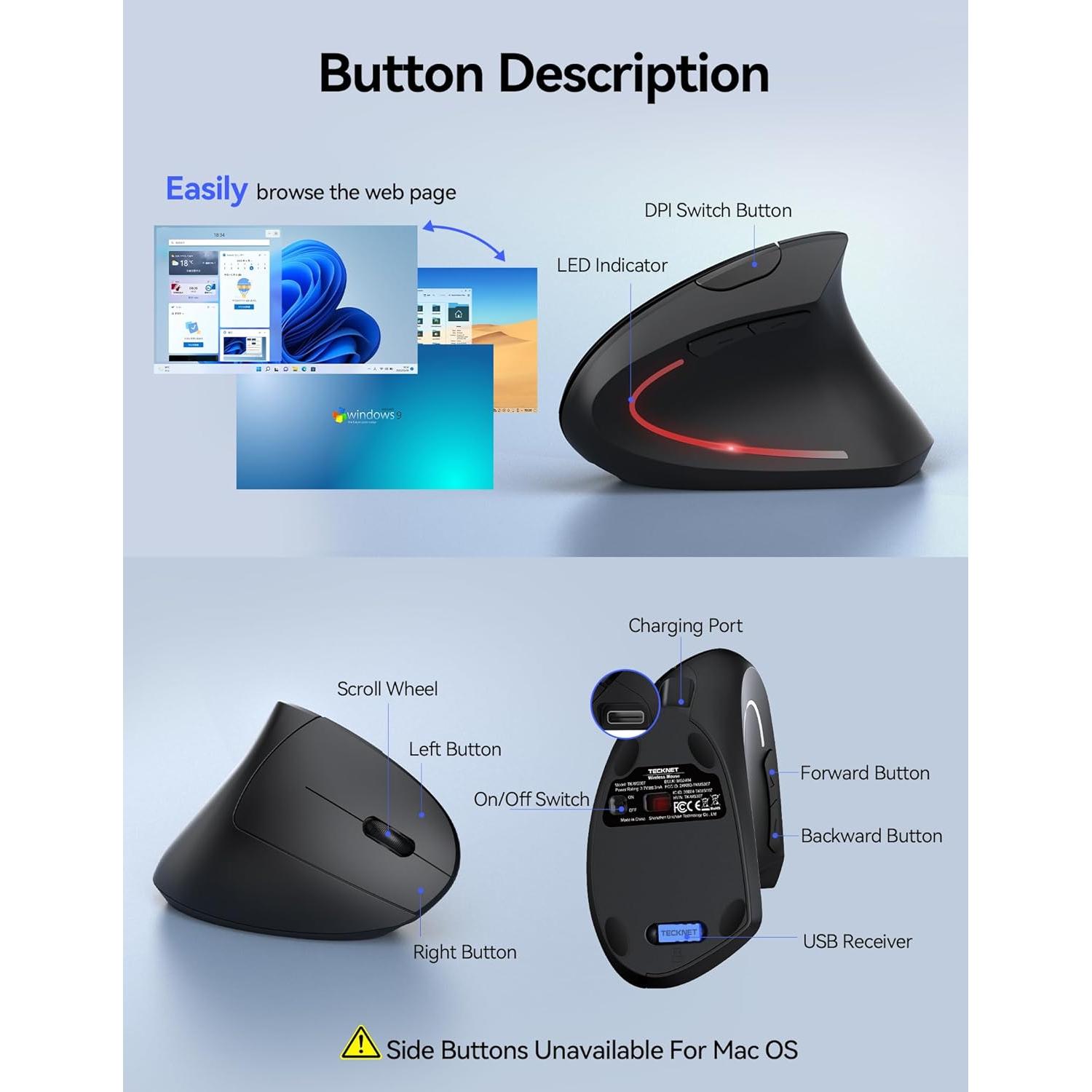 Ratón Ergonómico Inalámbrico TECKNET Vertical 5 DPI Ajustables