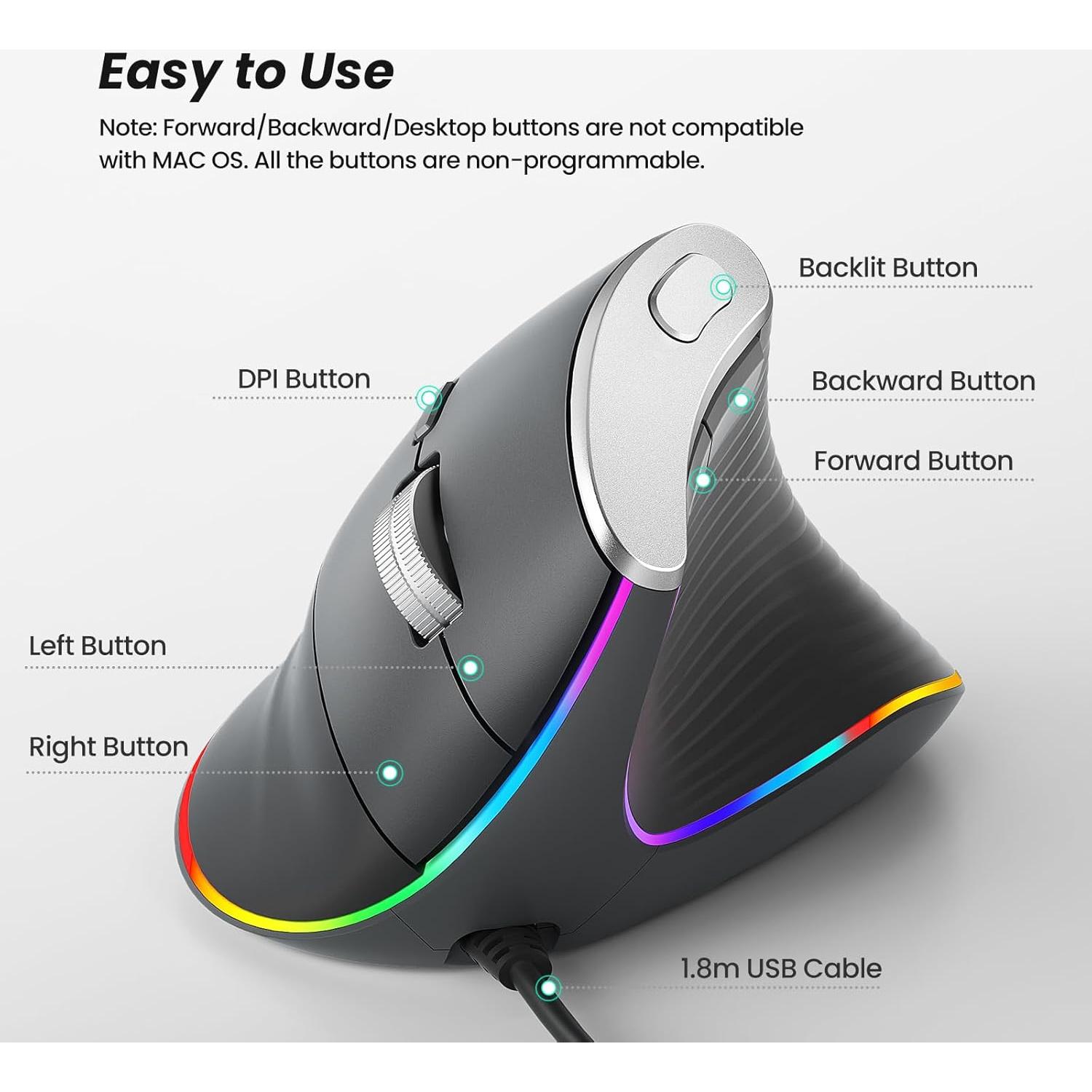 Nulea M504 Wired Vertical Mouse, USB Ergonomic Optical Mouse with 4 Adjustable DPI, 11 RGB Backlight Modes, Compatible for Laptop, PC, Desktop, Mac, Grey