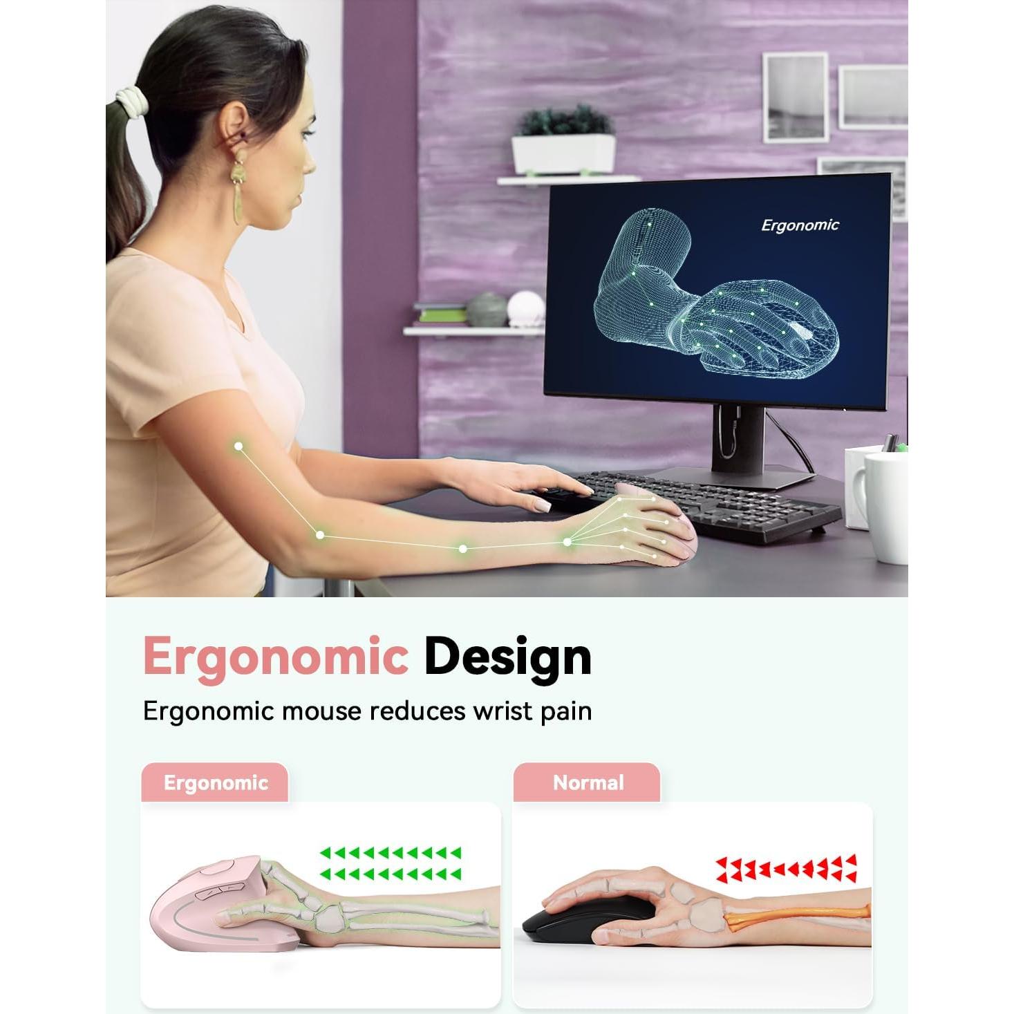 Ratón Vertical Inalámbrico Ergonómico TECKNET Rosa - 4800 DPI