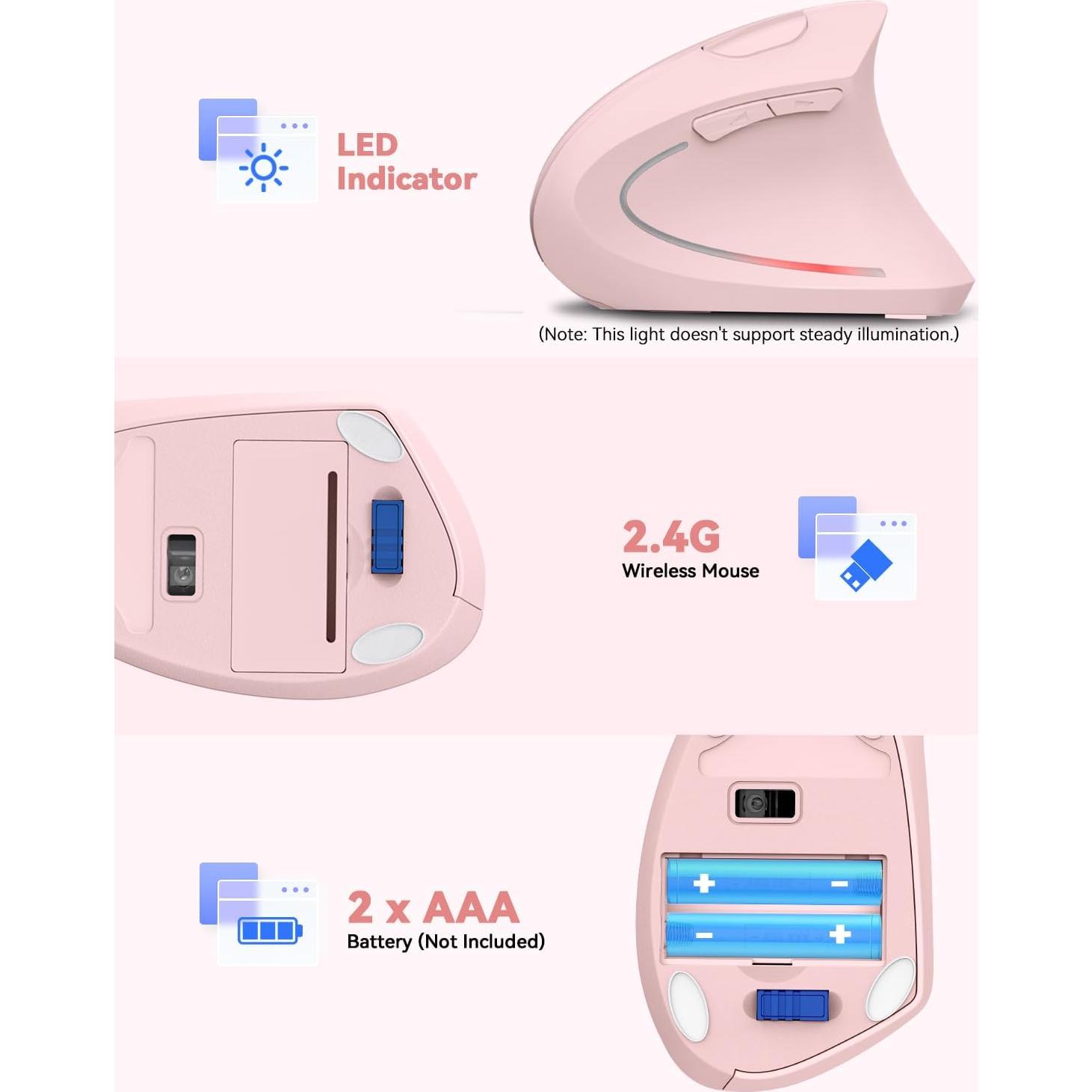 Ratón Vertical Inalámbrico Ergonómico TECKNET Rosa - 4800 DPI