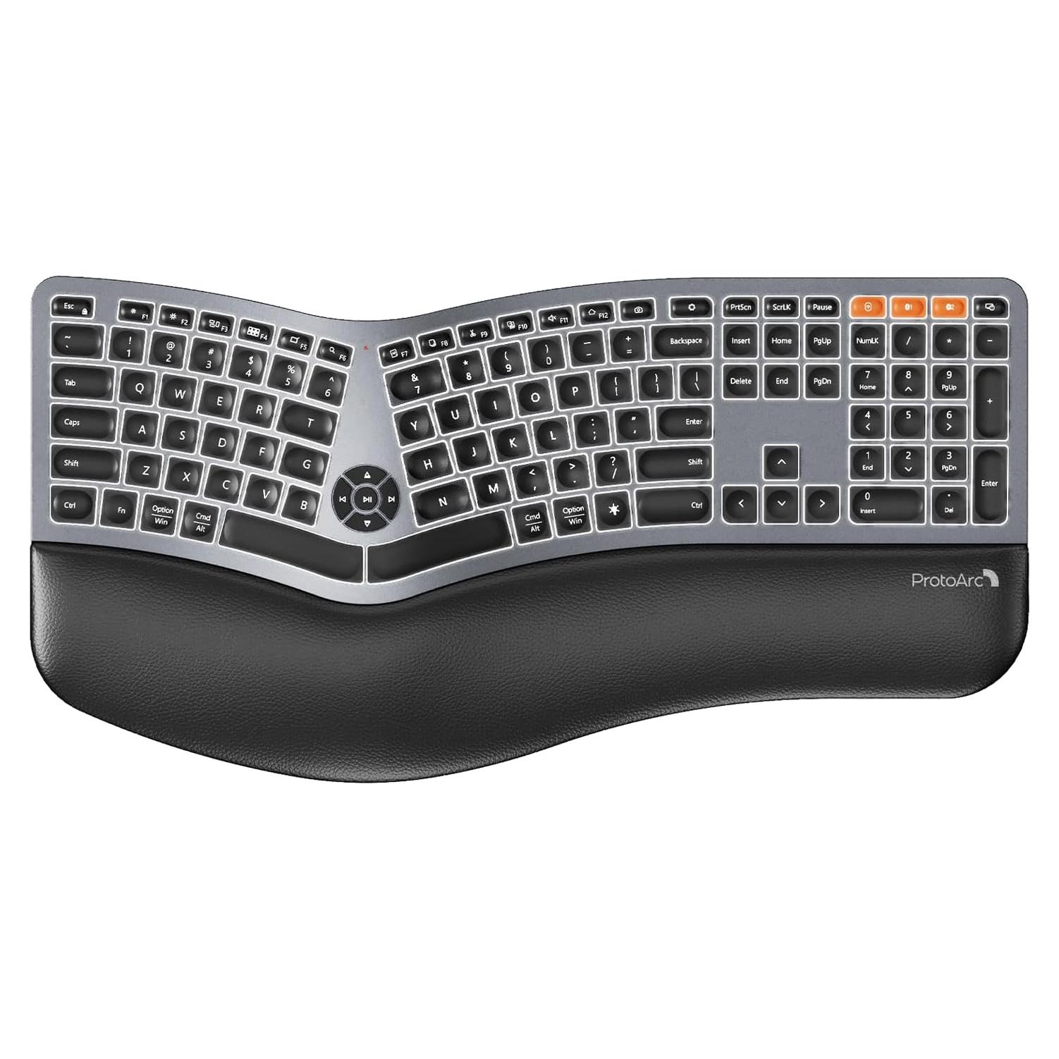 Backlit Bluetooth Ergonomic Keyboard, ProtoArc EK01 Plus Full Size Wireless Split Keyboard with Dual Bluetooth and USB, Cushioned Wrist Rest, Rechargeable for Windows/Mac/Android, Grey Black