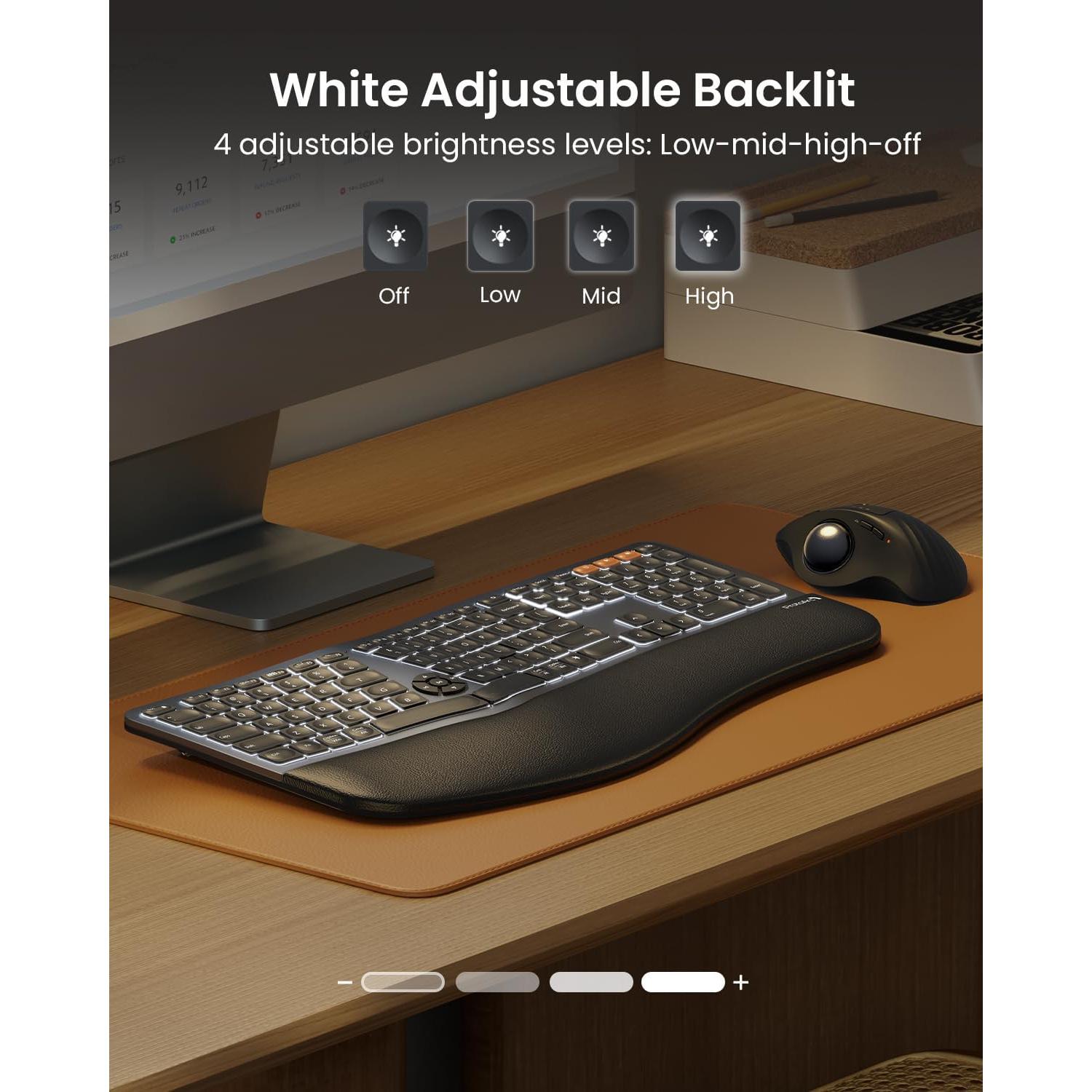 Backlit Bluetooth Ergonomic Keyboard, ProtoArc EK01 Plus Full Size Wireless Split Keyboard with Dual Bluetooth and USB, Cushioned Wrist Rest, Rechargeable for Windows/Mac/Android, Grey Black