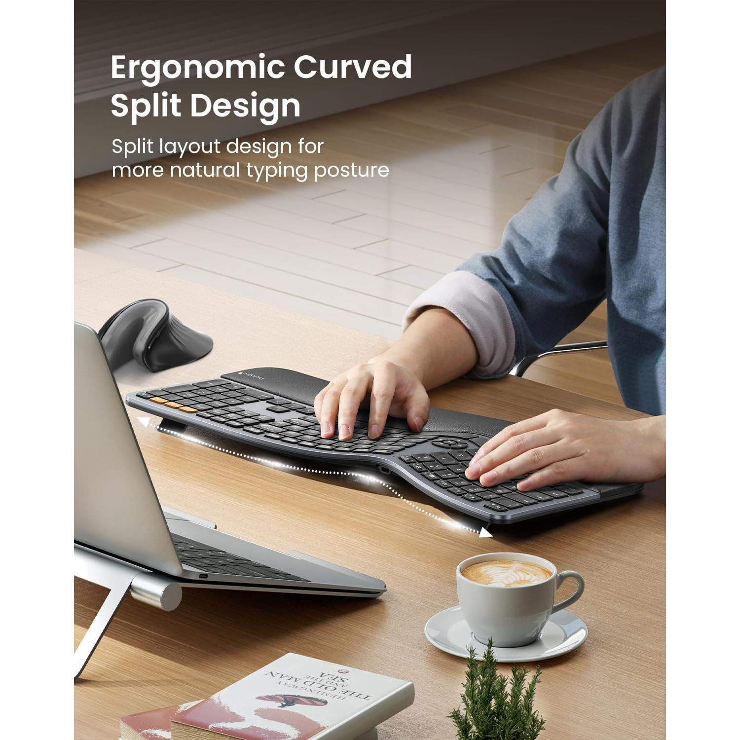 Backlit Bluetooth Ergonomic Keyboard, ProtoArc EK01 Plus Full Size Wireless Split Keyboard with Dual Bluetooth and USB, Cushioned Wrist Rest, Rechargeable for Windows/Mac/Android, Grey Black