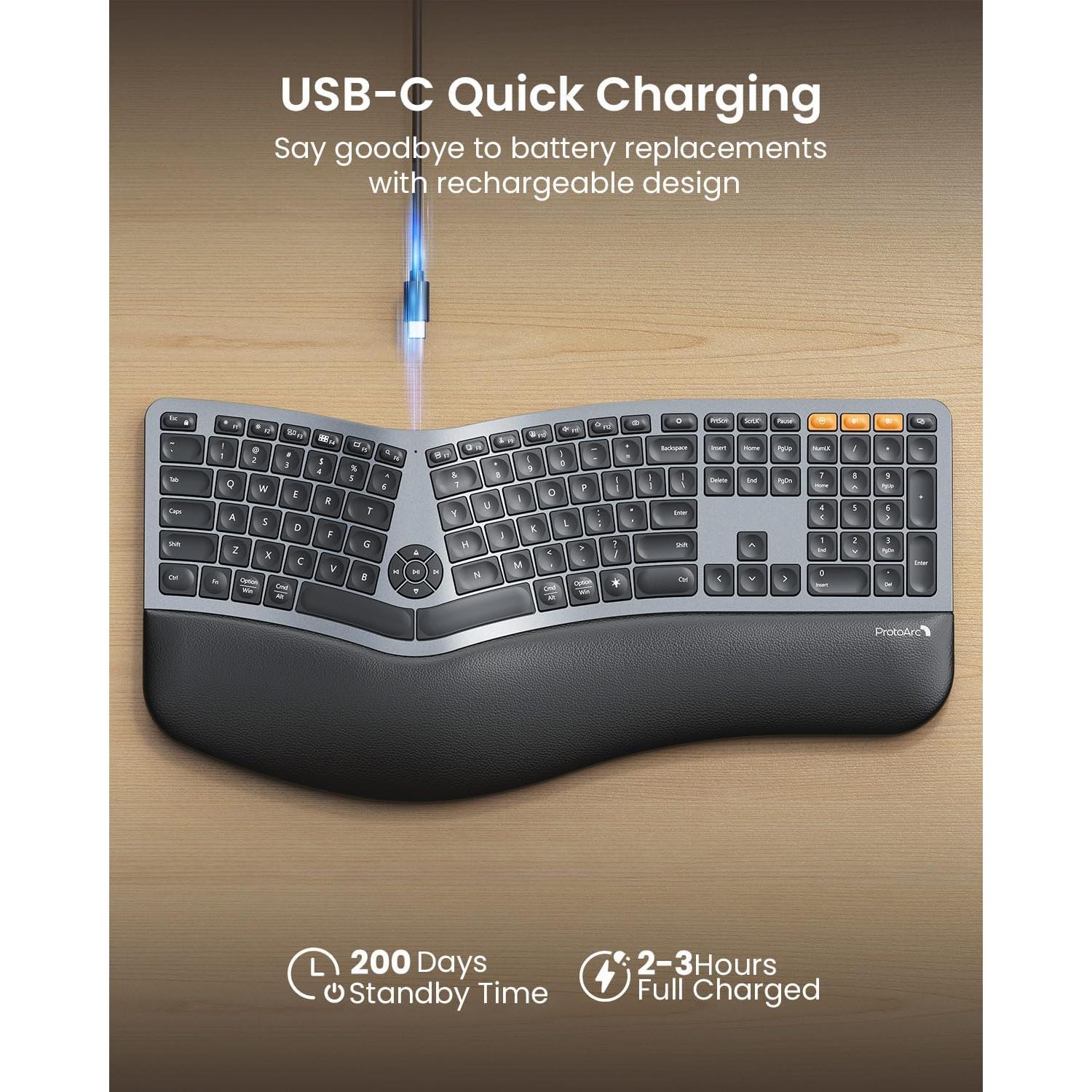 Backlit Bluetooth Ergonomic Keyboard, ProtoArc EK01 Plus Full Size Wireless Split Keyboard with Dual Bluetooth and USB, Cushioned Wrist Rest, Rechargeable for Windows/Mac/Android, Grey Black