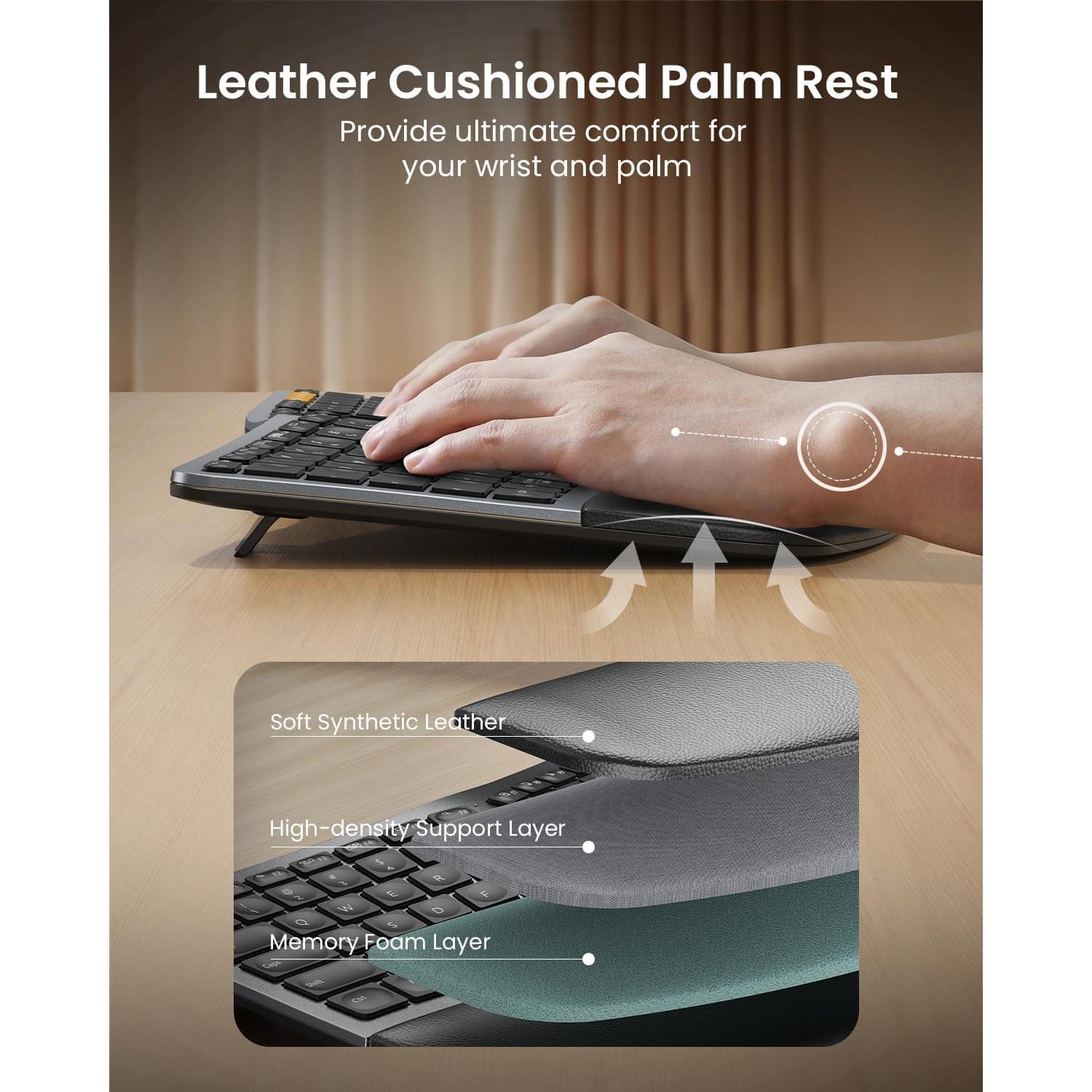 Backlit Bluetooth Ergonomic Keyboard, ProtoArc EK01 Plus Full Size Wireless Split Keyboard with Dual Bluetooth and USB, Cushioned Wrist Rest, Rechargeable for Windows/Mac/Android, Grey Black