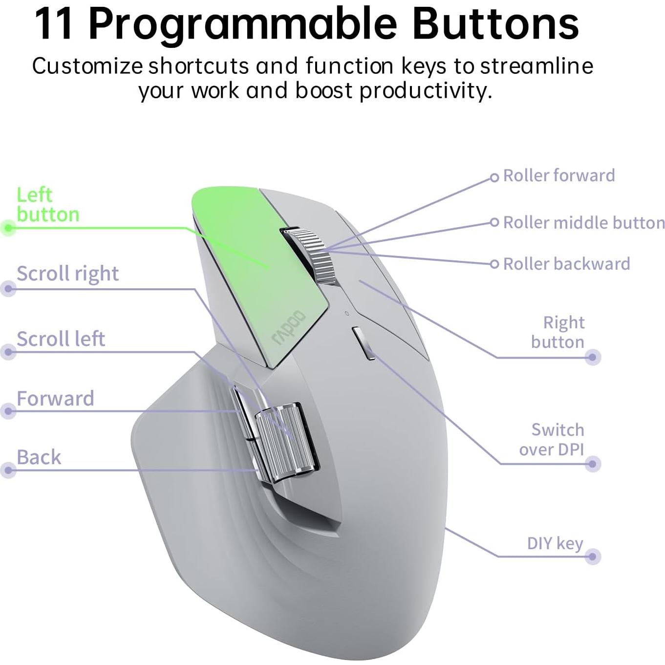 Rapoo MT760 Multi-Device Wireless Mouse, Bluetooth 5.0 and 2.4G Multi-Mode Connection, Up to 4 Devices, 11 Programmable Buttons, 4K DPI, 90 Days Battery Life, PC, Light Grey