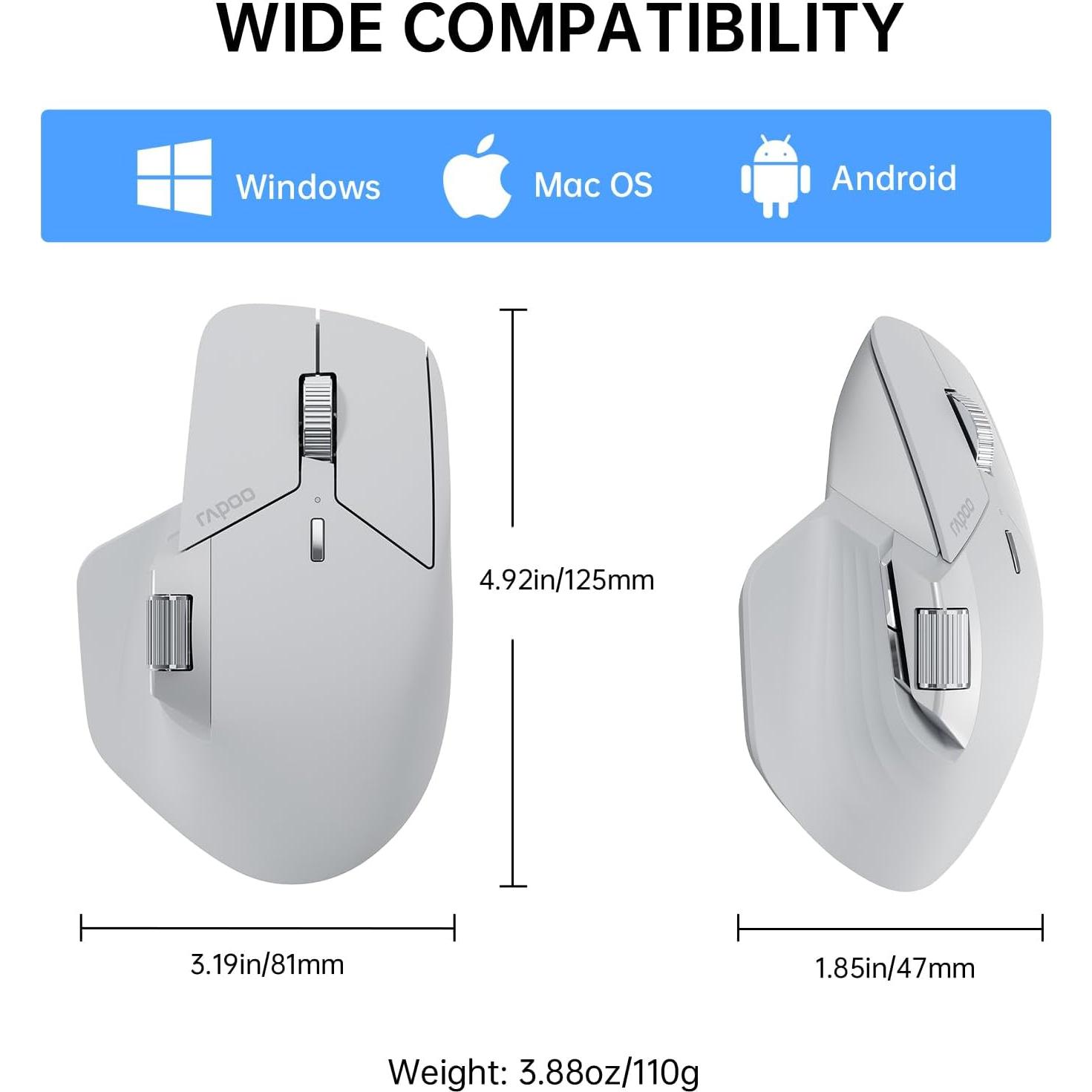 Rapoo MT760 Multi-Device Wireless Mouse, Bluetooth 5.0 and 2.4G Multi-Mode Connection, Up to 4 Devices, 11 Programmable Buttons, 4K DPI, 90 Days Battery Life, PC, Light Grey