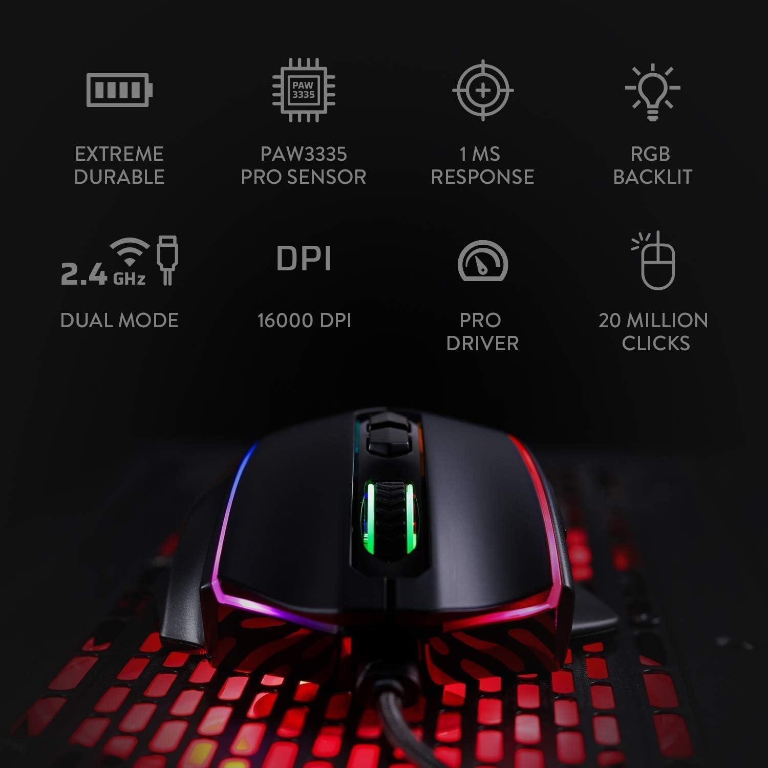Redragon M686 Wireless Gaming Mouse, 16000 DPI Wired/Wireless Gamer Mouse with Professional Sensor, 45-Hour Reliable Power Capacity, Customizable Macro and RGB Backlight for PC/Mac/Laptop