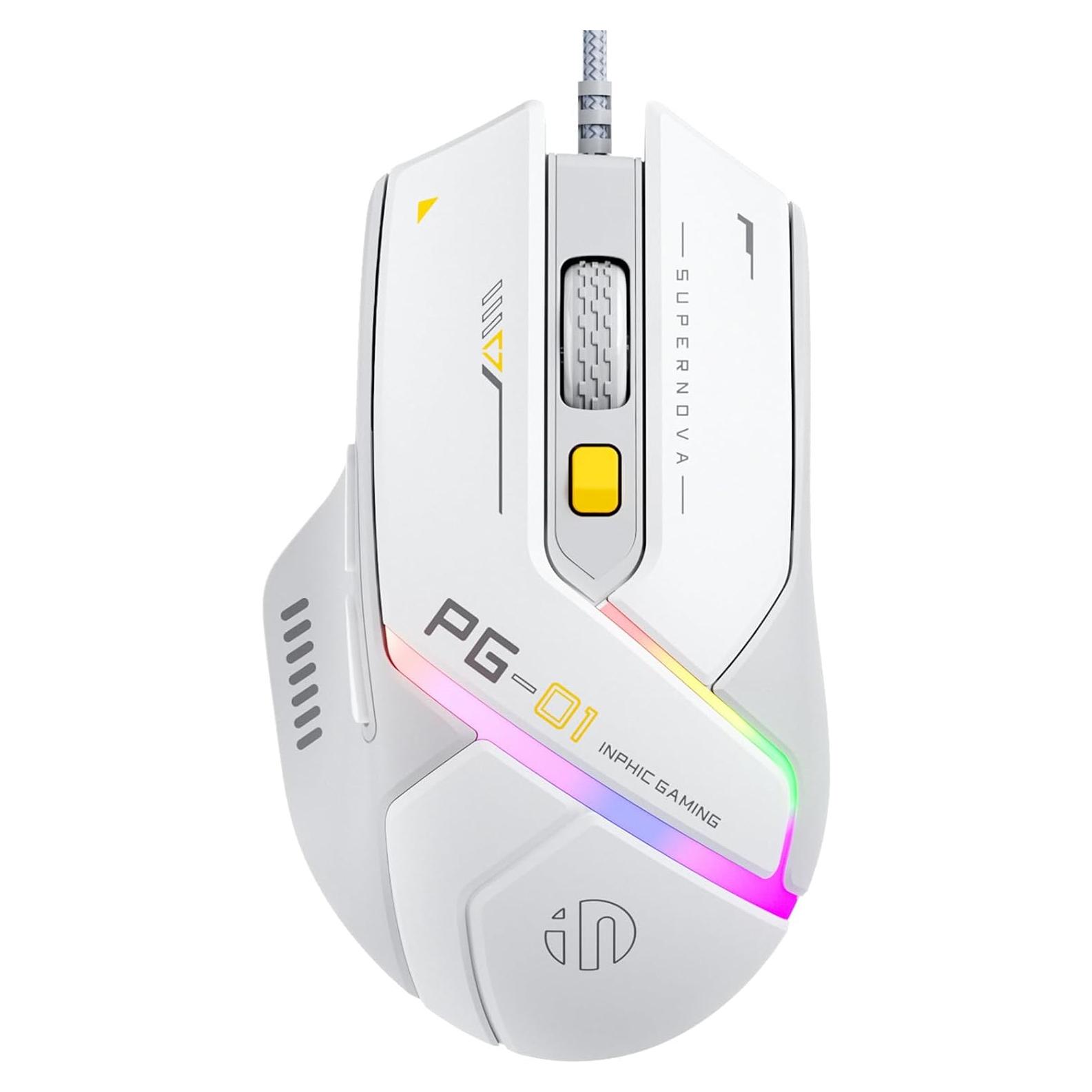 Ratón de Juego INPHIC PG1 Ergonómico 12800 DPI RGB Blanco Gris