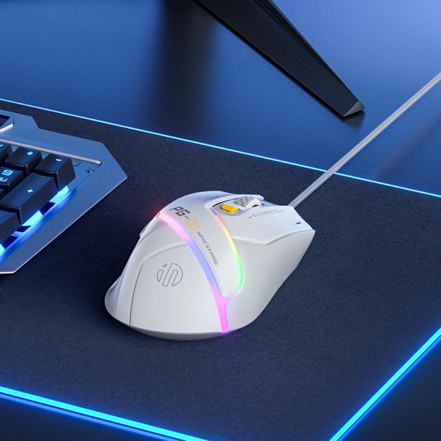 Ratón de Juego INPHIC PG1 Ergonómico 12800 DPI RGB Blanco Gris
