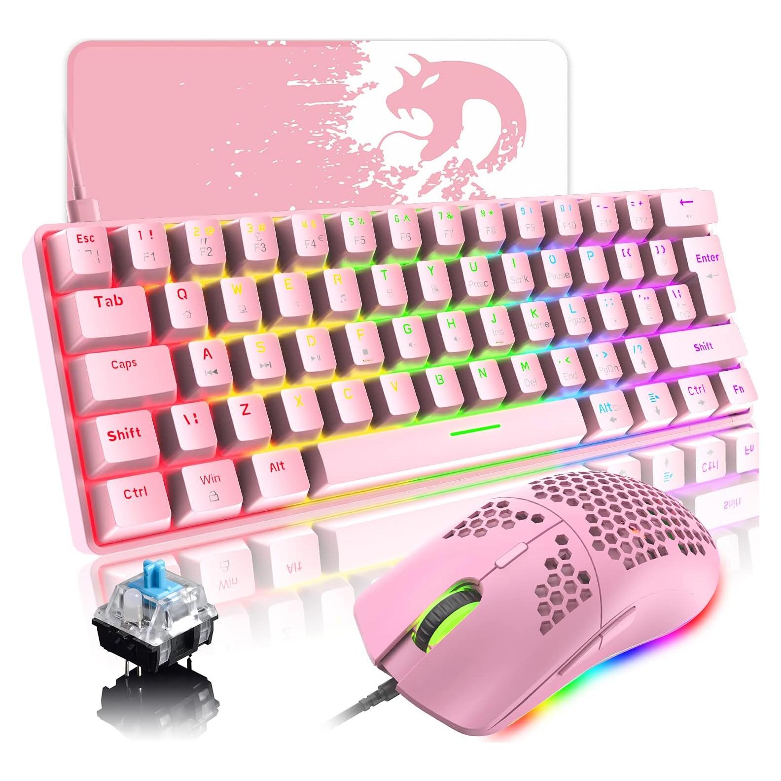 Teclado Mecánico Gaming LexonElec 60% Rosa Interruptor Azul