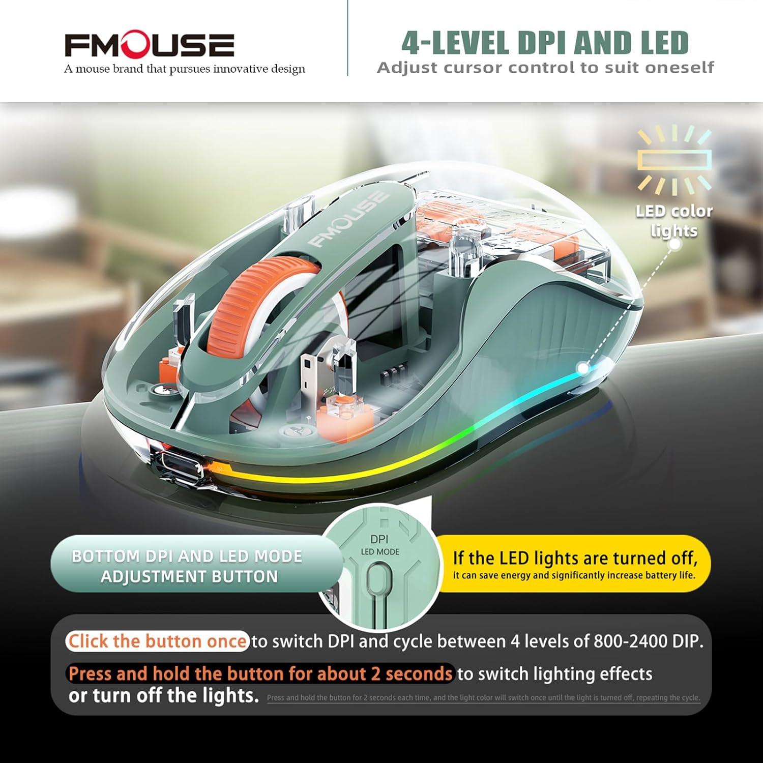 Interesting Transparent Wireless Mouse, Dual Bluetooth & 2.4GHz for Multi Device, USB-C Receiver Ideal for MacBook/Laptops, Rechargeable, Cool LED, Silent, Small Portable, for Travel - Green