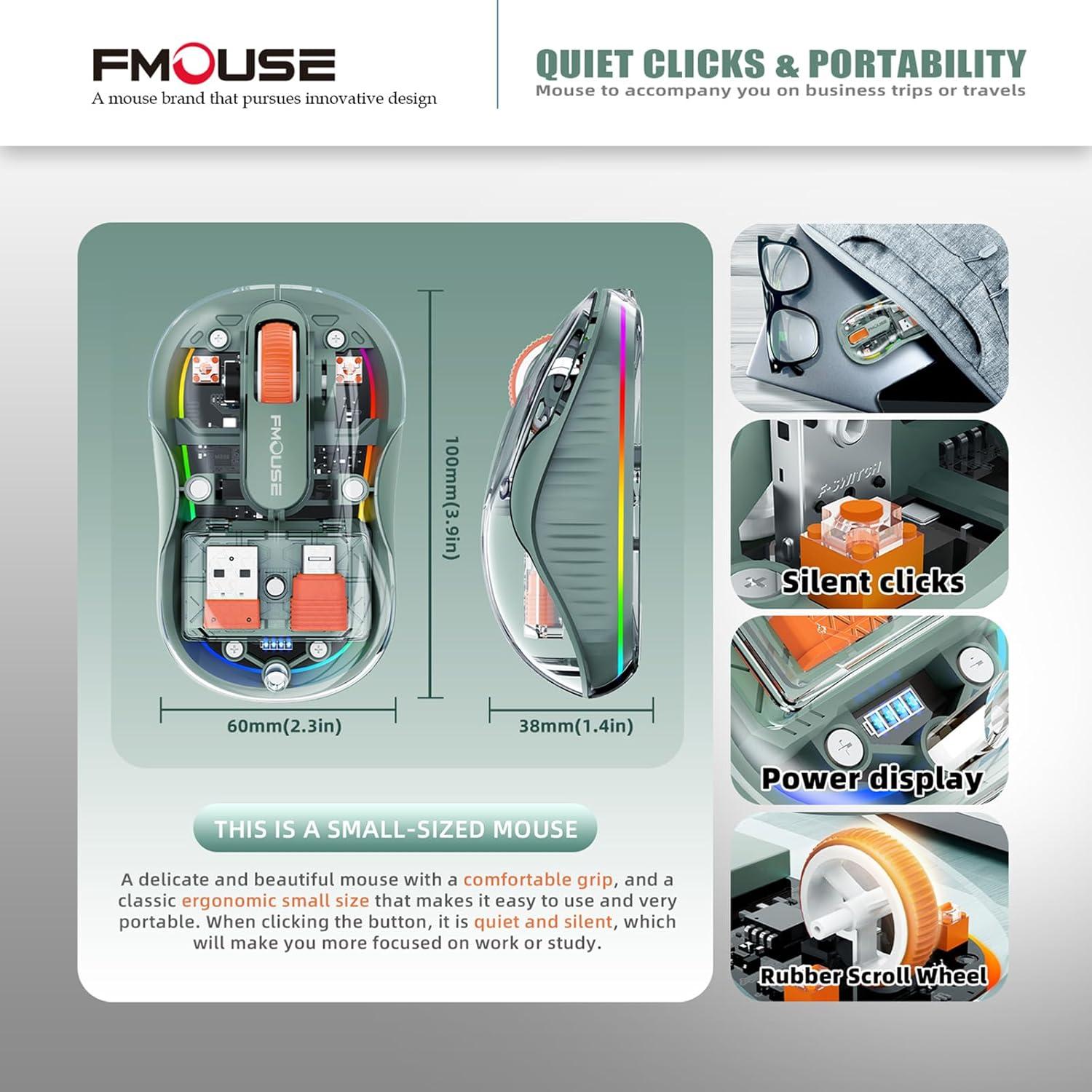 Interesting Transparent Wireless Mouse, Dual Bluetooth & 2.4GHz for Multi Device, USB-C Receiver Ideal for MacBook/Laptops, Rechargeable, Cool LED, Silent, Small Portable, for Travel - Green