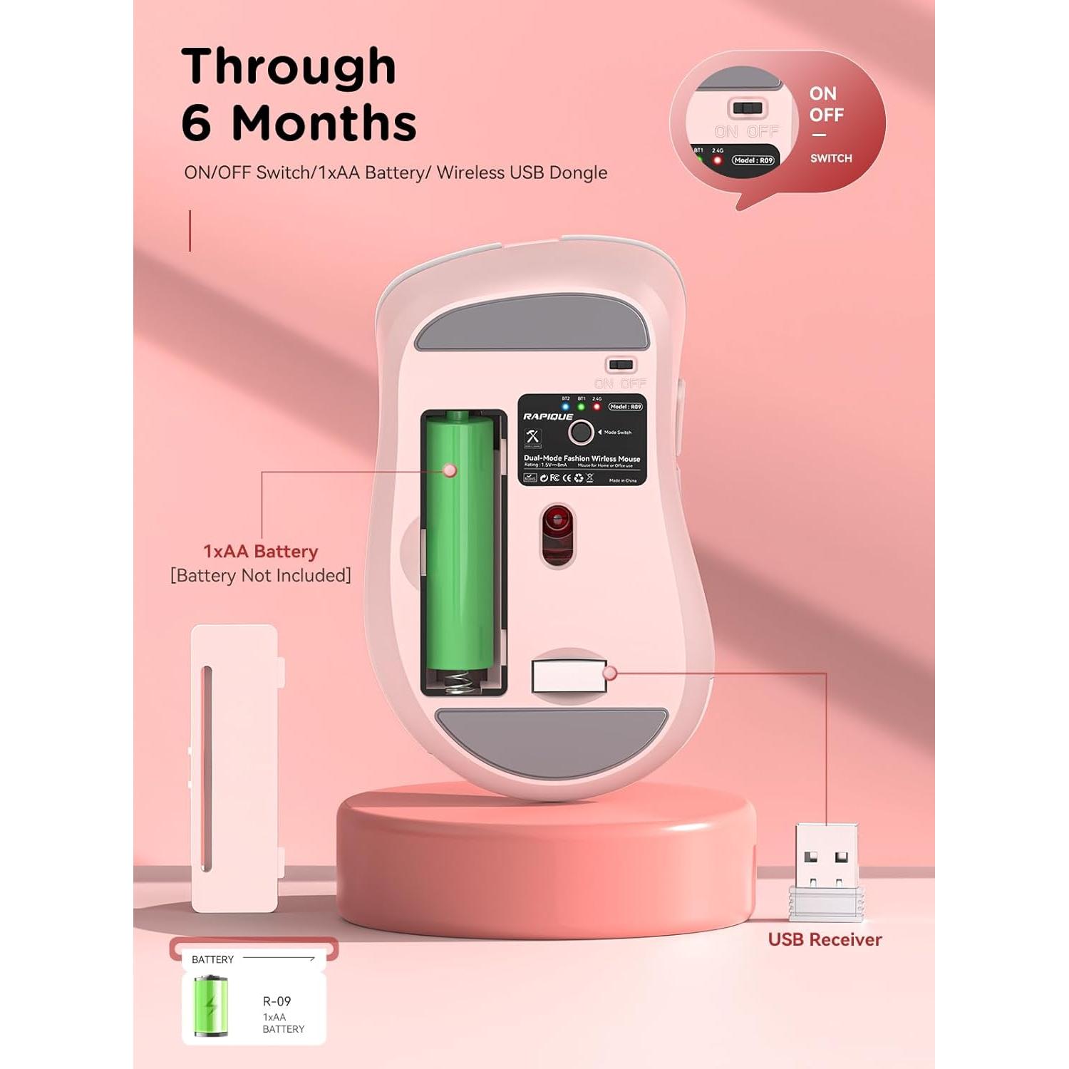 Ratón Inalámbrico Bluetooth RAPIQUE R-09 Rosa Ergonómico