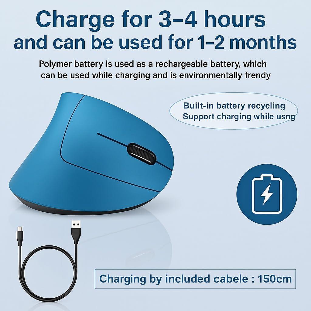 Ergonomic Mouse，Vertical Mouse Wireless, 6 Buttons, 1600 DPI, 2.4G Optical, Ergonomic Wireless Design ，Blue Vertical Rechargeable Mouse，Compatible with Mac, iPad, Tablets, laptops, PC.