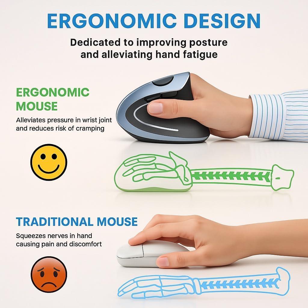 Ergonomic Mouse，Vertical Mouse Wireless, 6 Buttons, 1600 DPI, 2.4G Optical, Ergonomic Wireless Design ，Blue Vertical Rechargeable Mouse，Compatible with Mac, iPad, Tablets, laptops, PC.