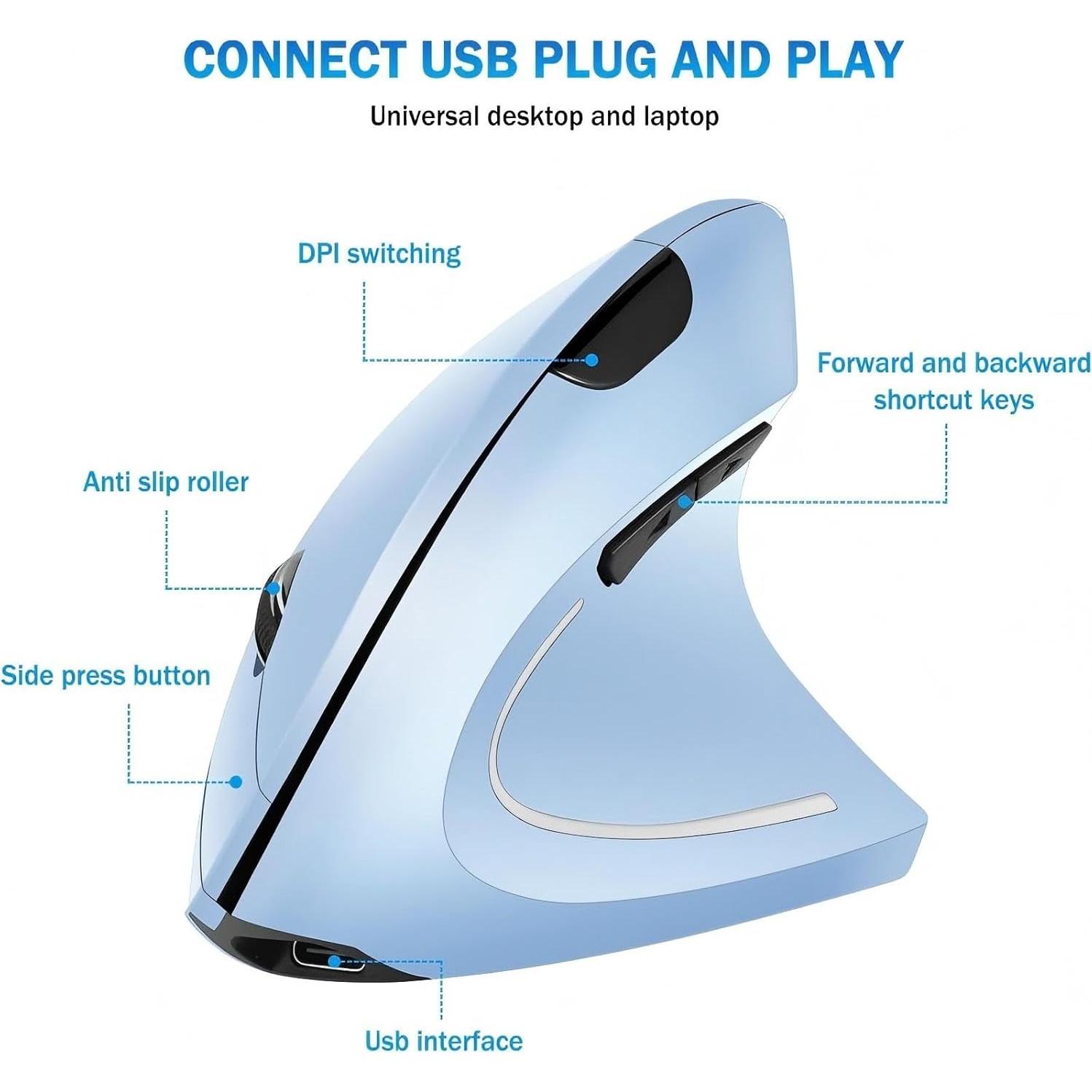Ergonomic Mouse，Vertical Mouse Wireless, 6 Buttons, 1600 DPI, 2.4G Optical, Ergonomic Wireless Design ，Blue Vertical Rechargeable Mouse，Compatible with Mac, iPad, Tablets, laptops, PC.