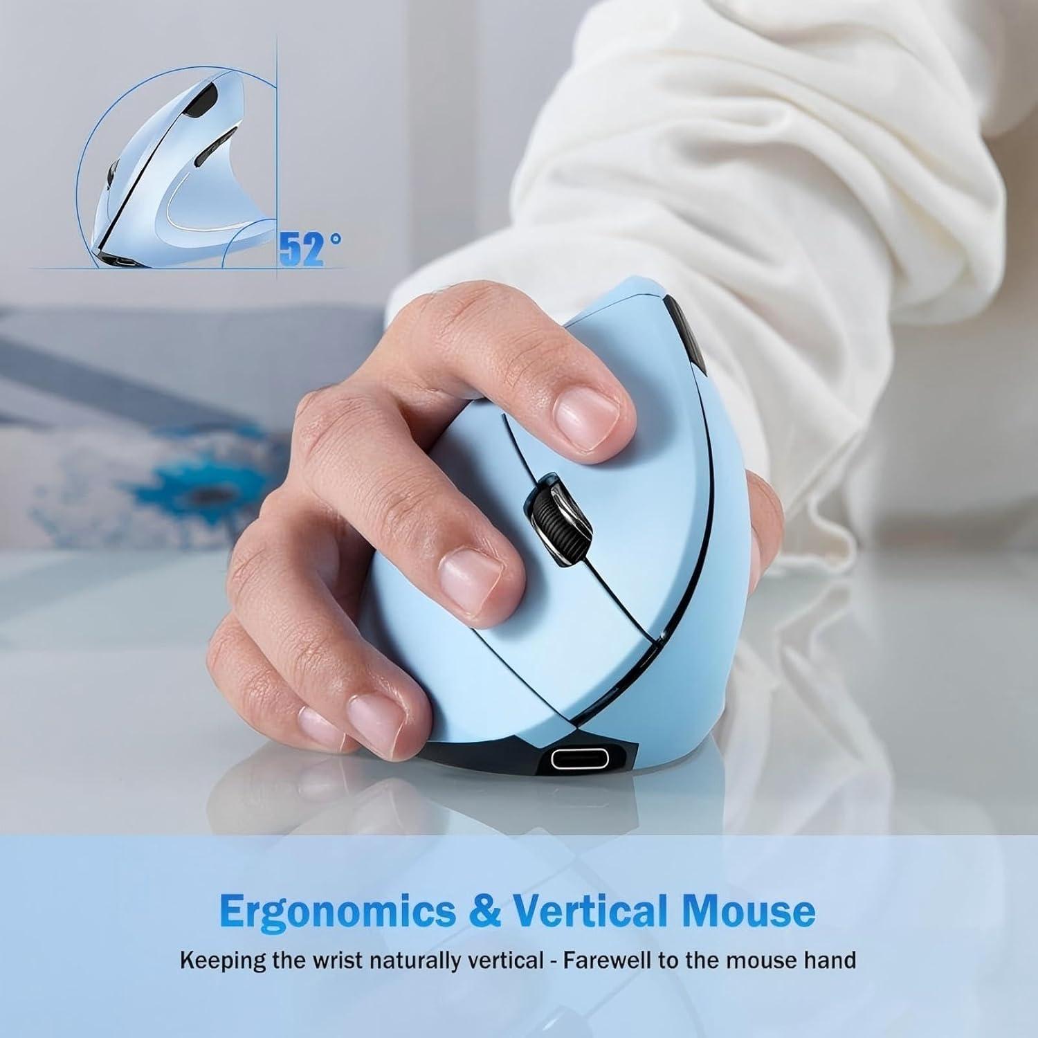 Ergonomic Mouse，Vertical Mouse Wireless, 6 Buttons, 1600 DPI, 2.4G Optical, Ergonomic Wireless Design ，Blue Vertical Rechargeable Mouse，Compatible with Mac, iPad, Tablets, laptops, PC.