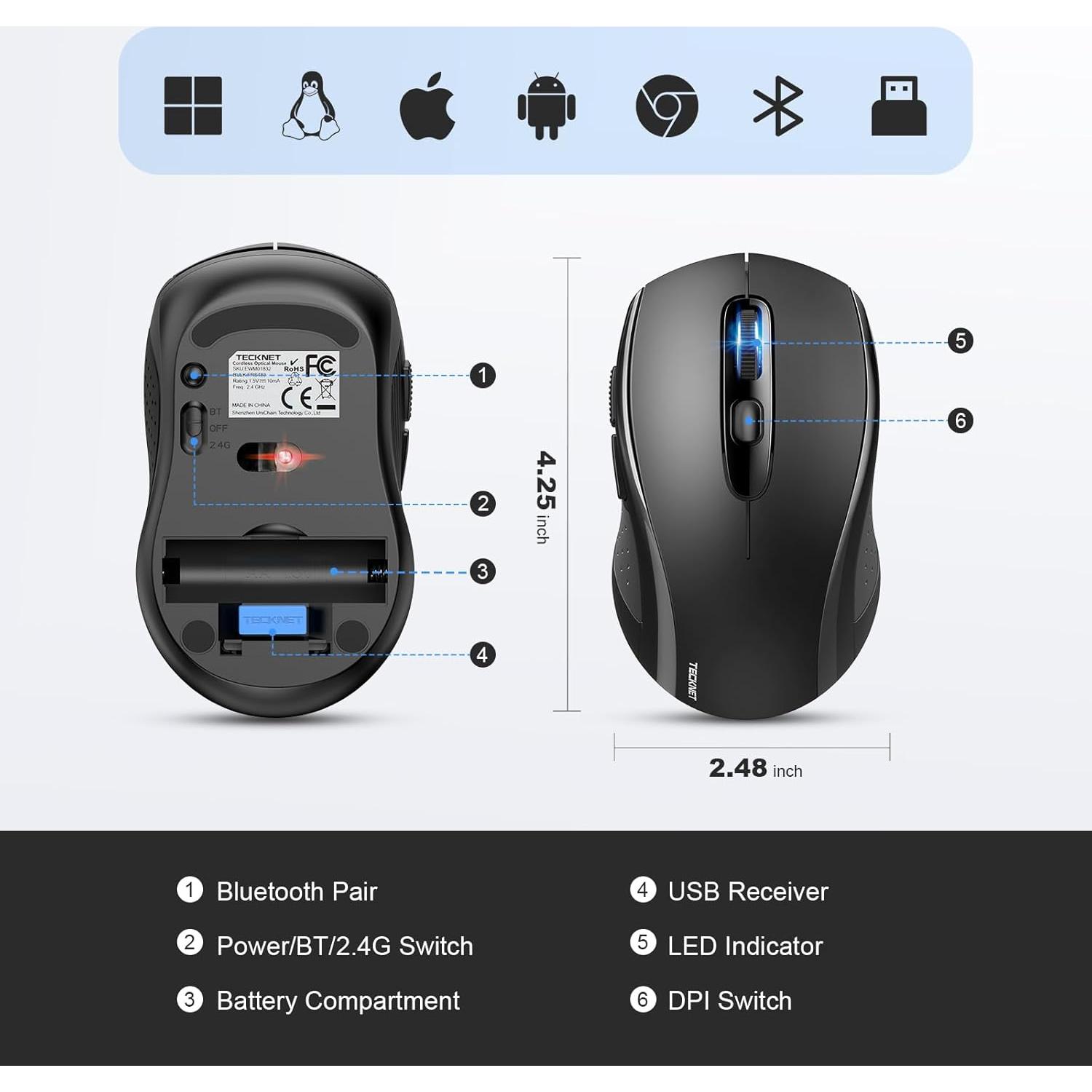 Ratón Inalámbrico TECKNET 4000DPI Bluetooth y USB-A Negro