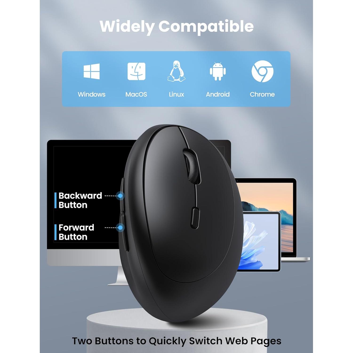 TECKNET Ergonomic Mouse, Bluetooth Wireless Vertical Mouse, Rechargeable Battery, Quiet Clicks, 4800 DPI Adjustable, BT5.0/3.0 & 2.4G Connect, Easy to use, Wide Compatibility - Black