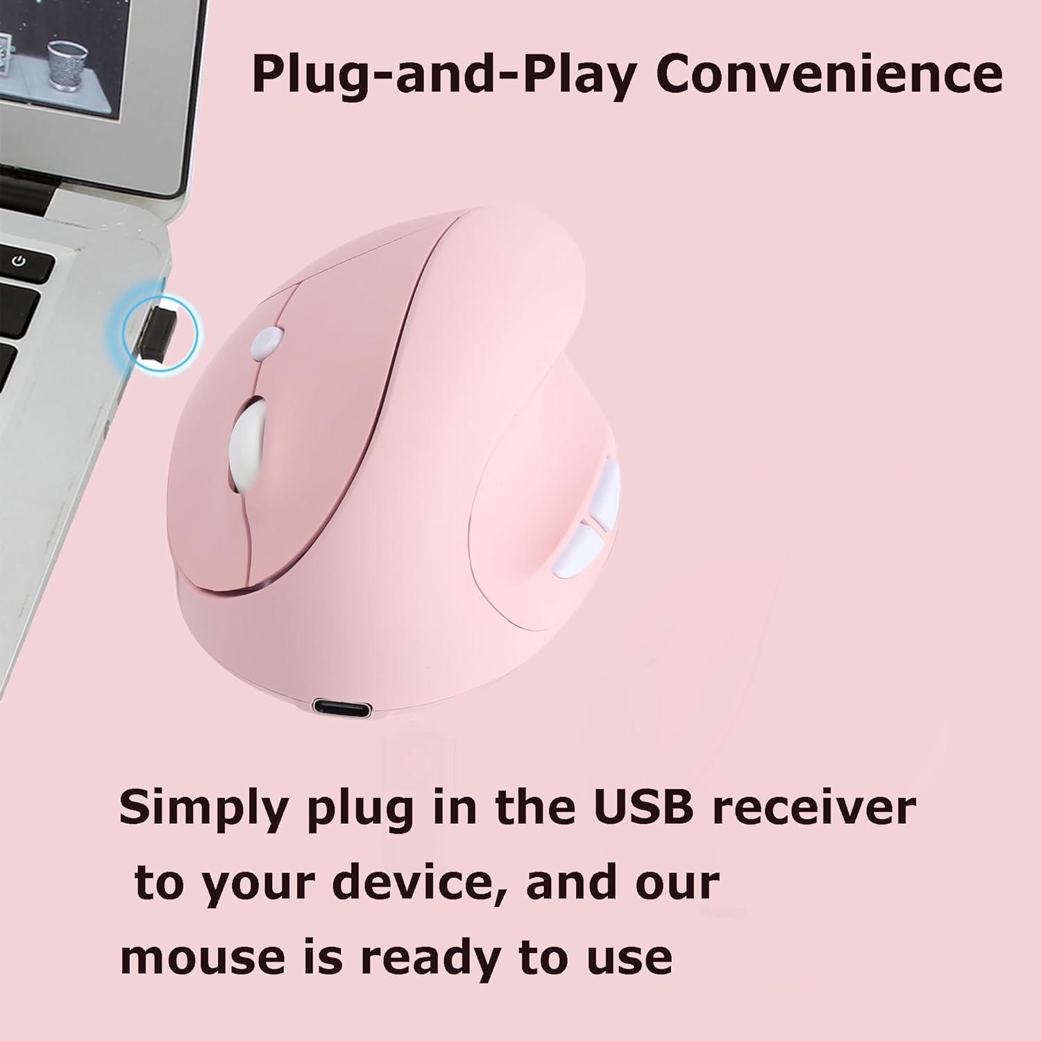 Ratón Inalámbrico Ergonómico Vertical Rosa Recargable para PC