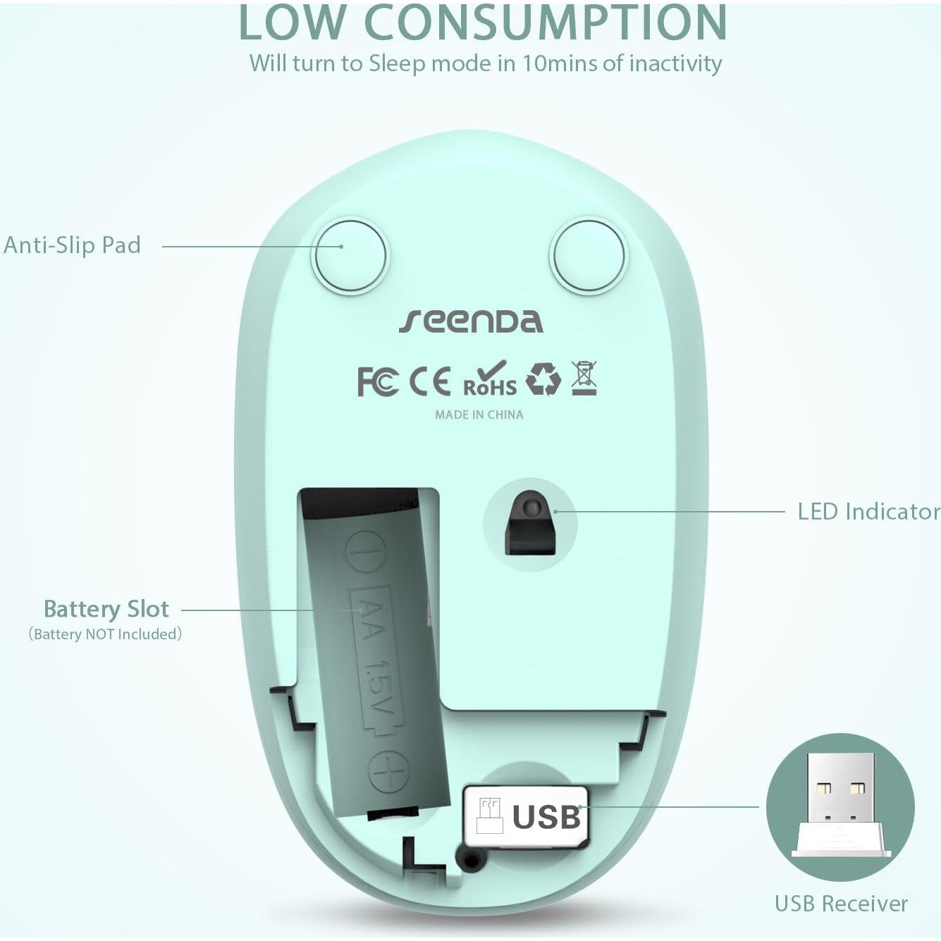 Ratón Inalámbrico Seenda Verde Menta 2.4GHz Silencioso