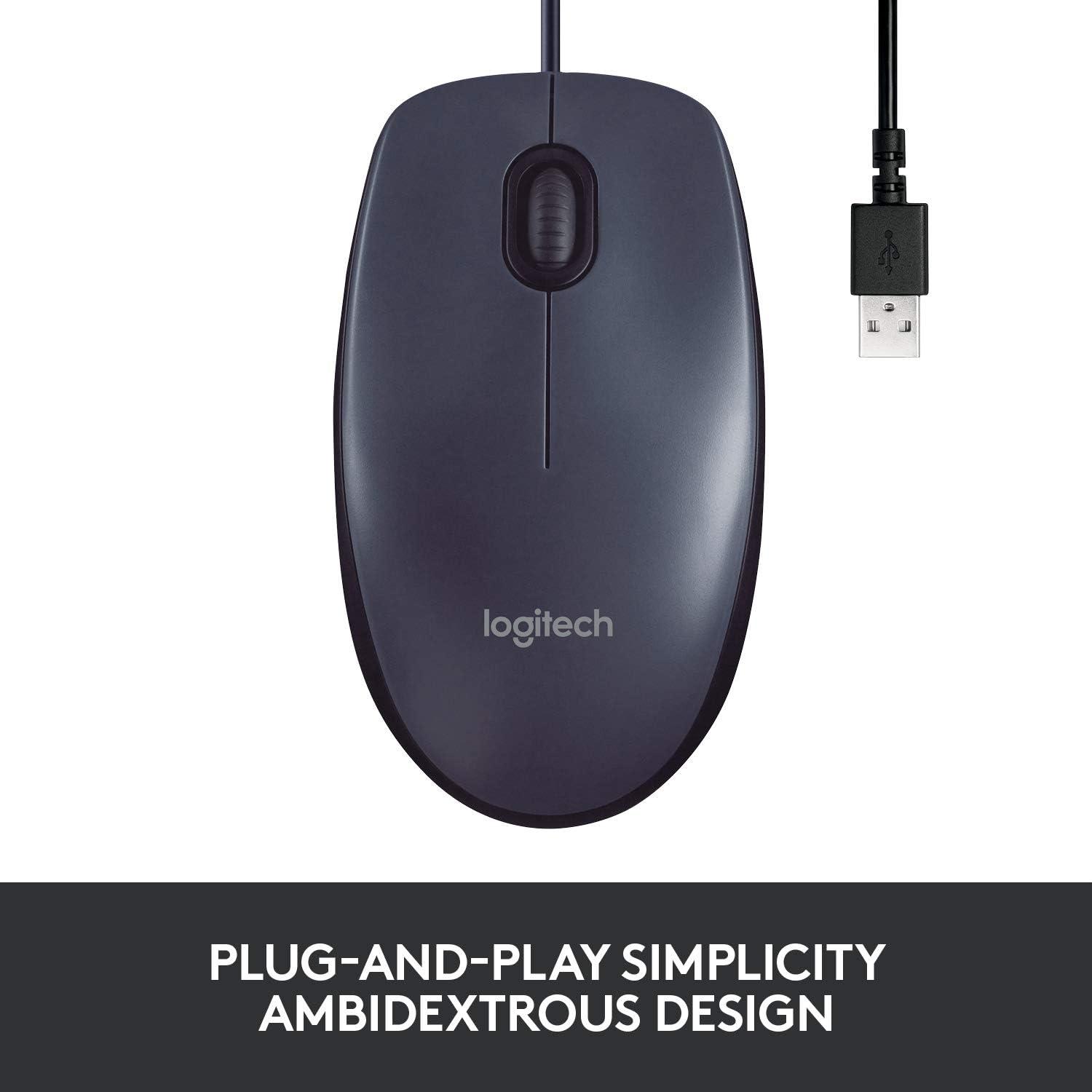 Logitech B100 Wired Mouse for Computer and Laptop, USB Corded Mouse, Right or Left Hand Use - Black