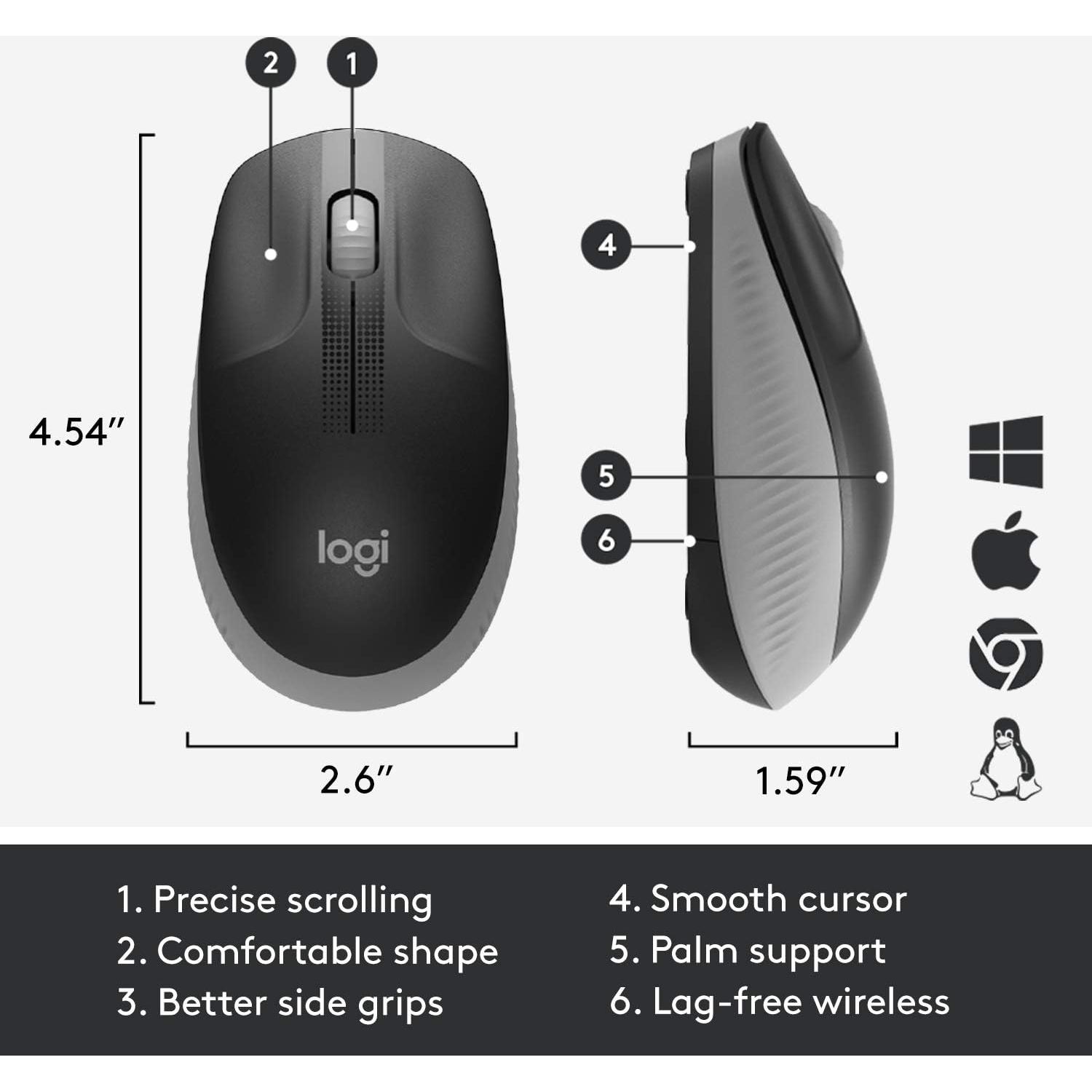 Mouse Inalámbrico Logitech M190 - Diseño Ergonómico Gris Medio